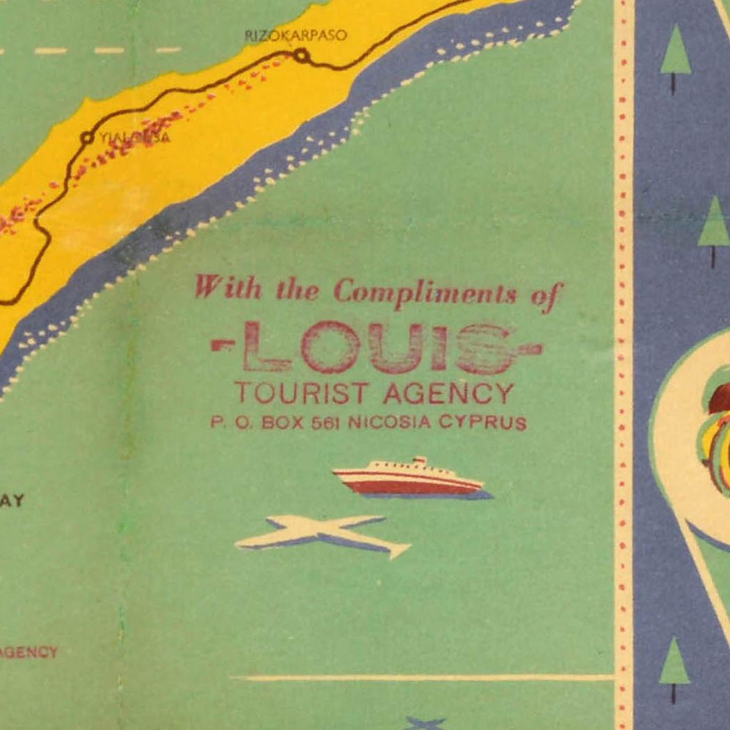 Metà XX secolo Poster di viaggio originale d'epoca L'isola di Cipro Mappa illustrata del Mediterraneo in vendita