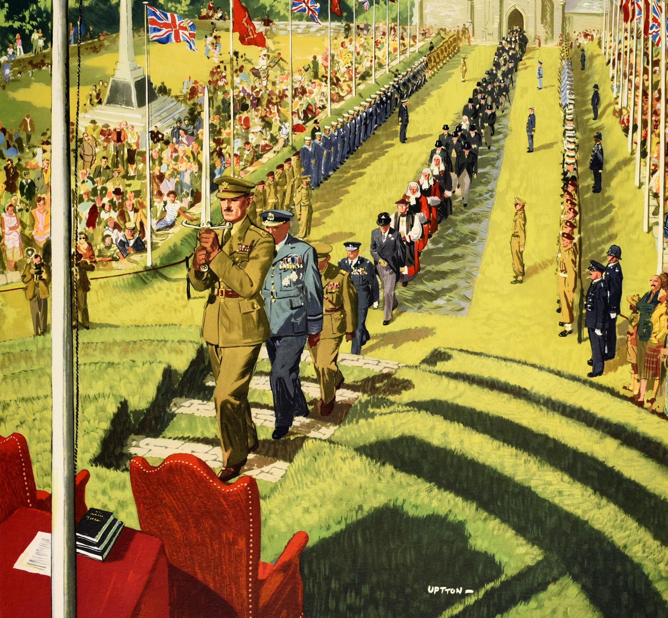 Original vintage travel poster for the Isle of Man issued by British Railways featuring a colourful image by the British artist and illustrator Clive Uptton (1911-2006) featuring a view of a ceremonial procession led by an army officer holding up a