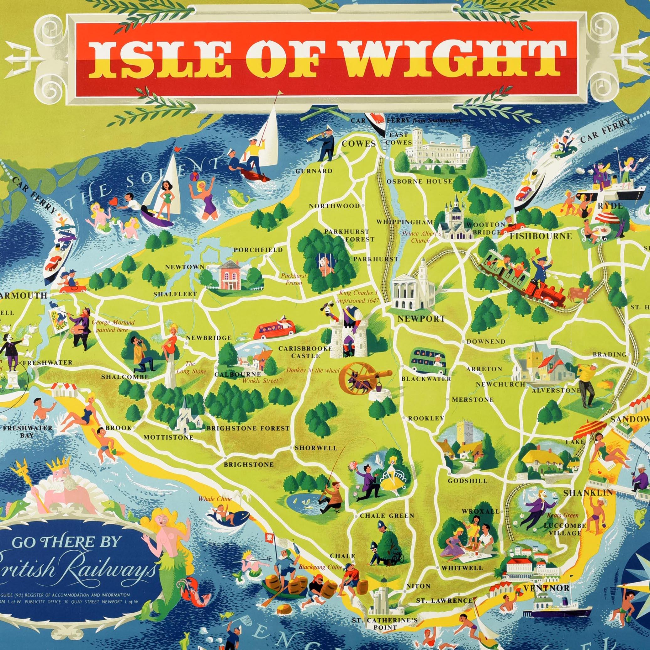 Original vintage travel poster for the Isle of Wight Go There By British Railways - Southern Region. Great pictorial map artwork by the notable commercial artist and poster designer Reginald Montague Lander (1913-1980) featuring colourful