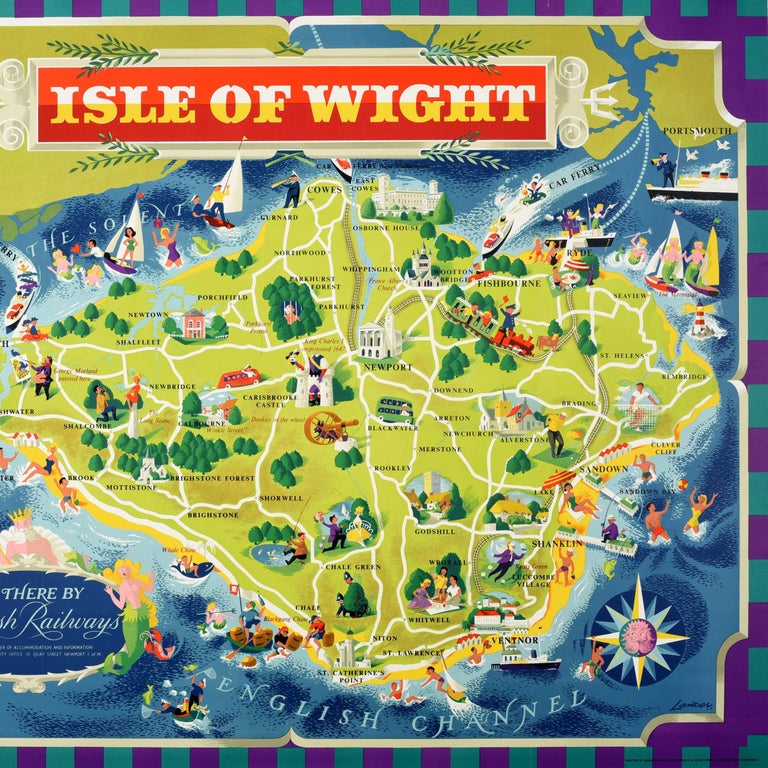 Original Vintage Travel Poster Isle Of Wight Pictorial Map British Railways Art For Sale at 1stDibs