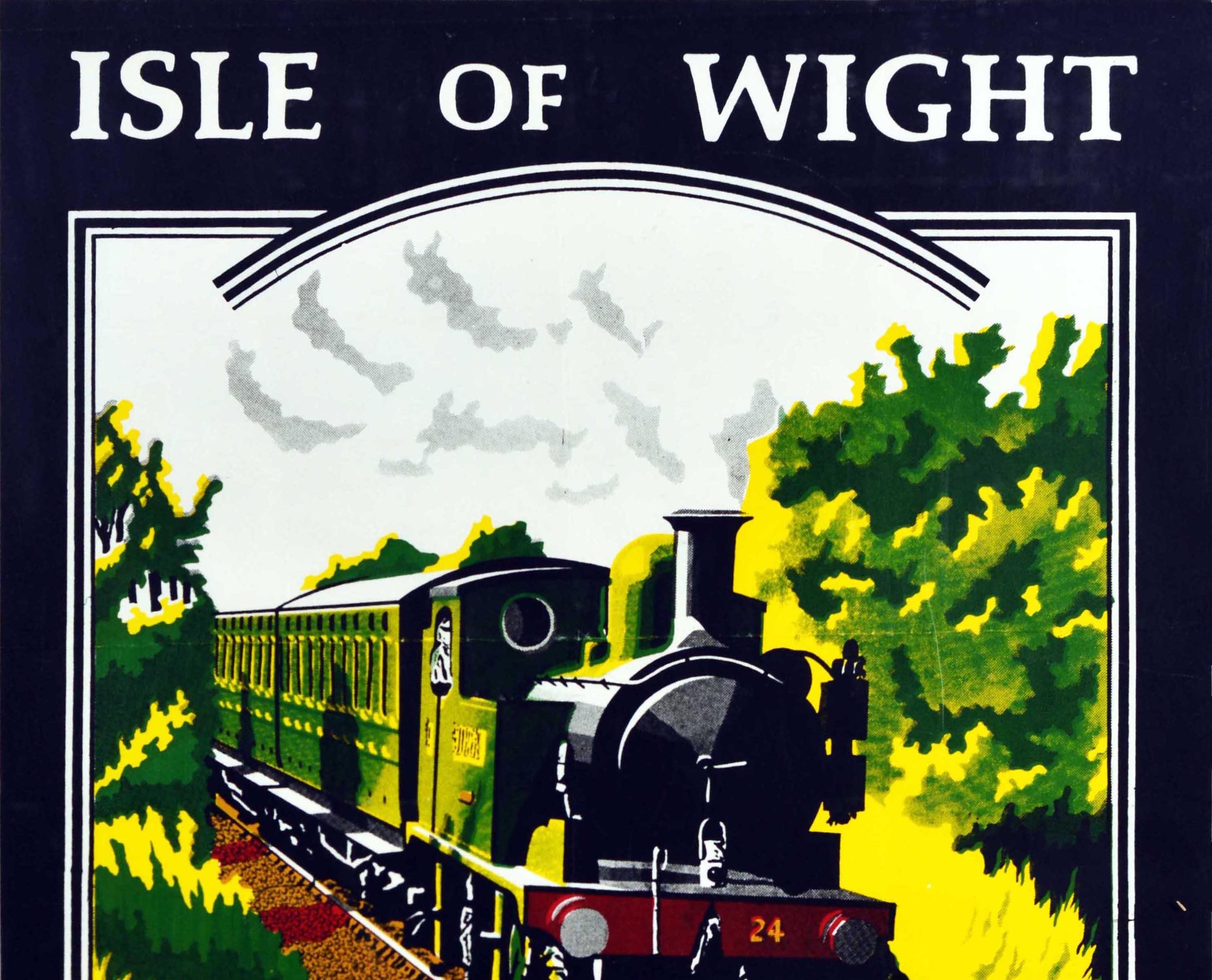 Original vintage travel poster for the Isle of Wight Steam Railway featuring a colourful image of a steam train on a scenic railway line between trees set within a black lined border, the bold title text in white and information on the timetable and