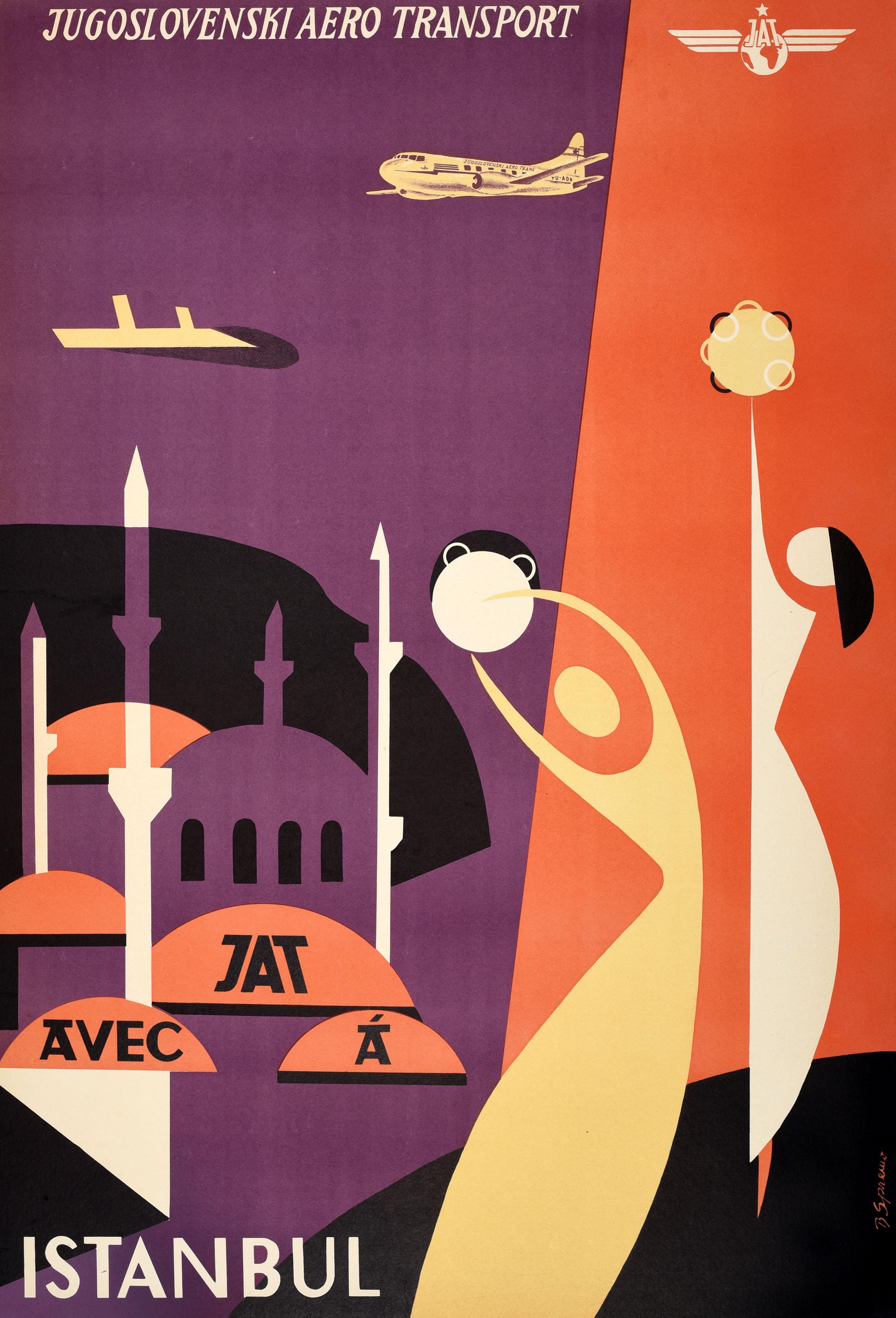 Original vintage Turkey travel poster - Jugoslovenski Aero Transport avec JAT a Istanbul / Yugoslav Aero Transport with JAT to Istanbul - featuring a colourful purple and orange graphic design depicting two ladies as silhouette figures on one side