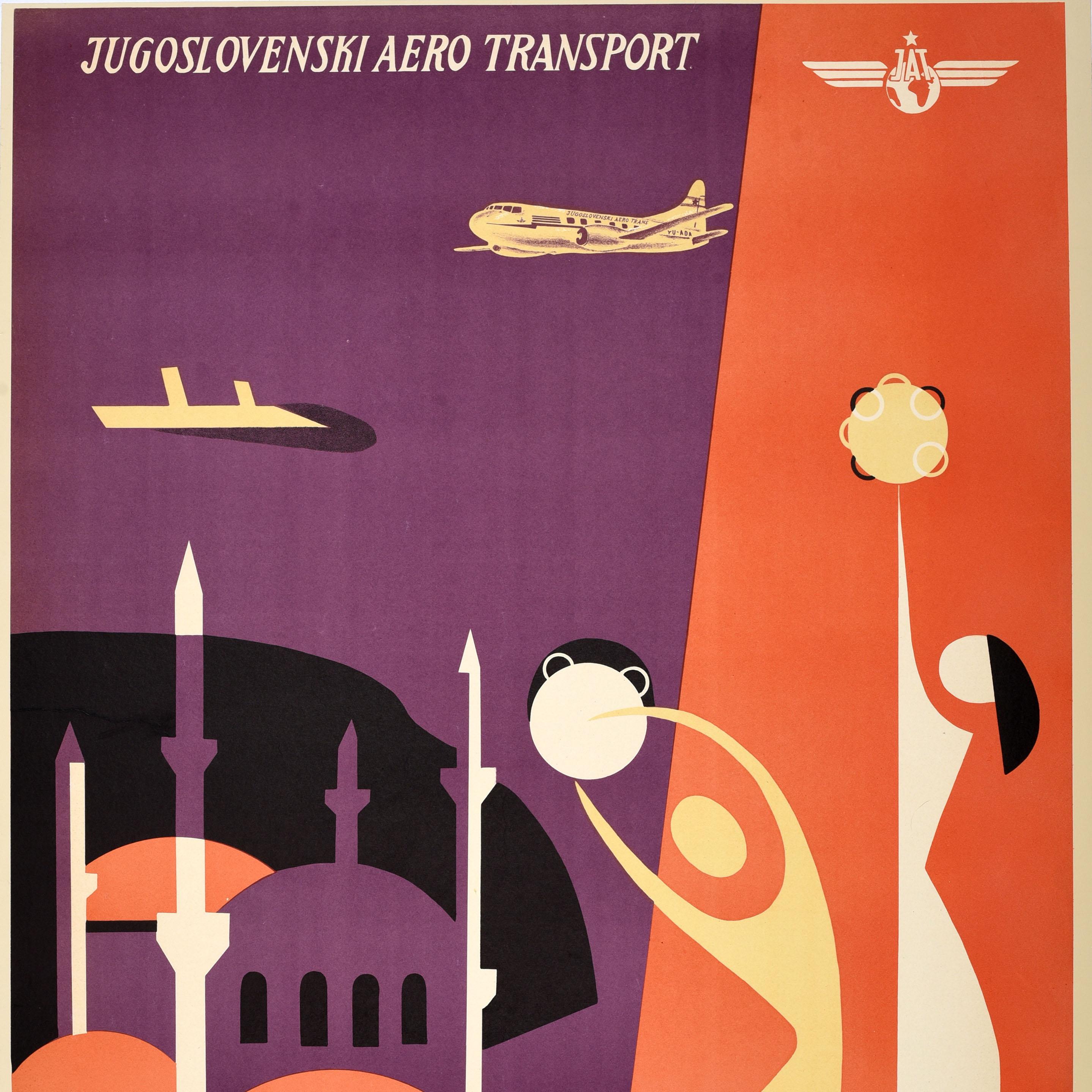 Macedonian Original Vintage Travel Poster Istanbul JAT Airline Jugoslovenski Aero Transport