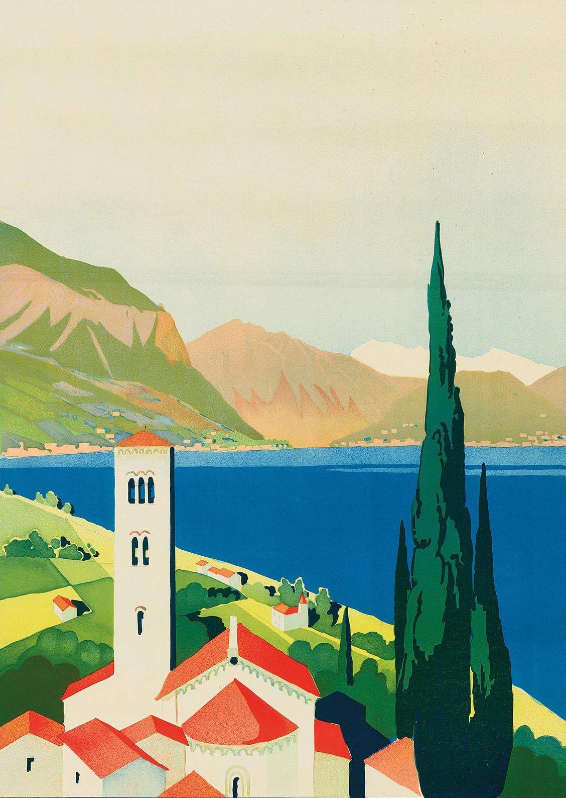 Original vintage travel poster for the Oberitalienische Seen / Northern Italian Lakes featuring a stunning Art Deco view past a tall tree and village on the coastline towards hills and mountains on the horizon across the clear blue lake below a grey