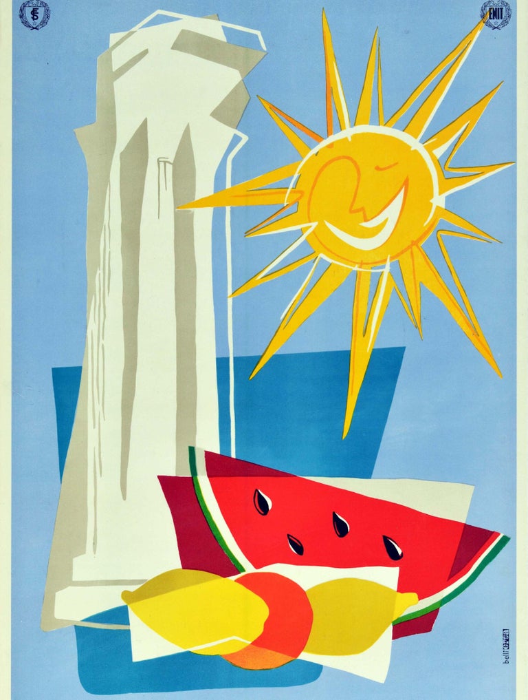 Original Vintage Travel Poster Italie Italy ENIT Ancient Roman Column Fruit Sun In Good Condition For Sale In London, GB