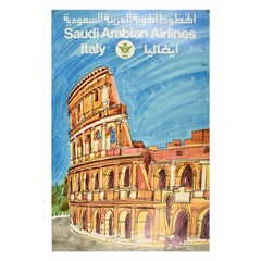 Original Vintage Travel Poster Italy Saudi Arabian Airlines Coliseum Rome Saudia