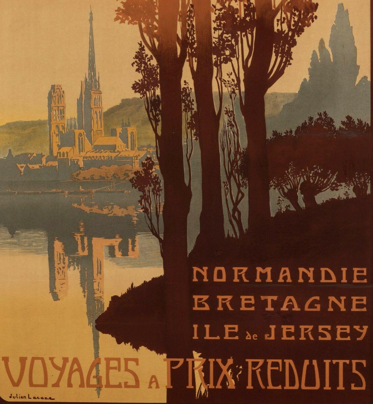 Belle Époque Affiche rétro originale de voyage - J. Lacaze-Normandie-Bretagne-Jersey, vers 1910 en vente
