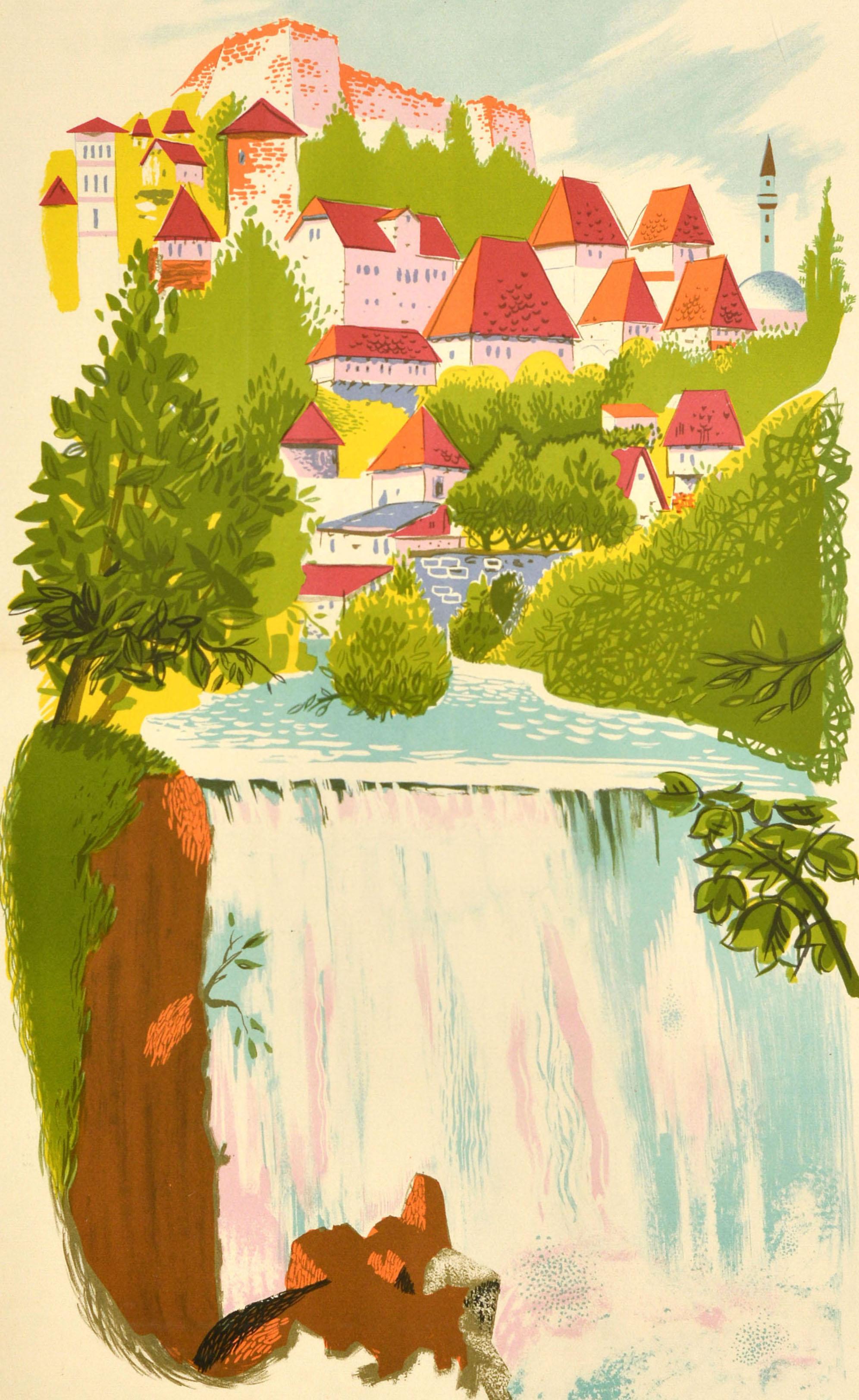 Original vintage travel poster for Jajce Jugoslavija featuring a scenic view of the walled town with red roof buildings, a church spire and trees leading down to the river and Pliva Waterfall cascading in the foreground. The historic town of Jajce