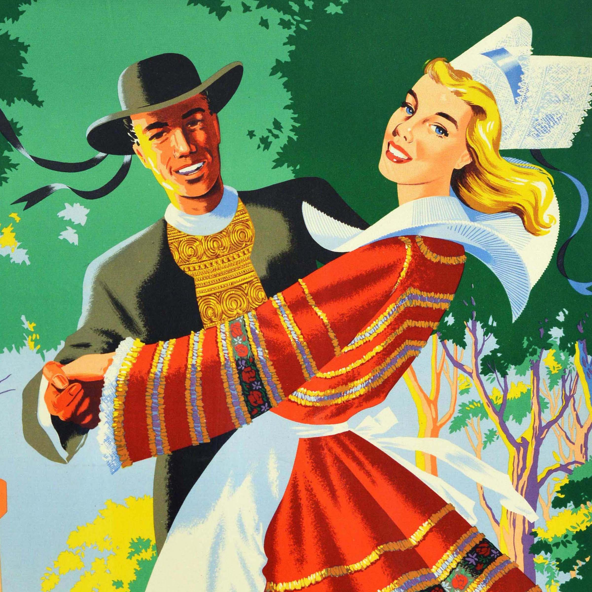 Original vintage travel for Jersey The Nearest The Continent Resort featuring a colourful image of couples dancing in traditional dresses and suits with flowing ribbons on their hats, smiling at the viewer with trees and an old tower in front of a