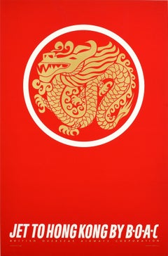 Original Vintage Travel Poster Jet To Hong Kong By Boac Chinese Dragon Design