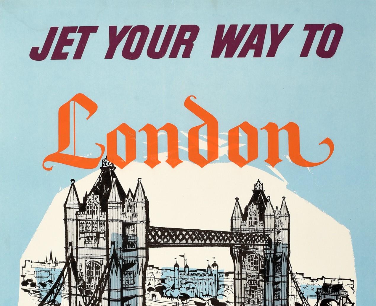 Original vintage travel poster - Jet Your Way to London by BOAC First Around the World with Jets - featuring a great illustration of Tower Bridge in front of the historic Tower of London and city with boats on the River Thames and cars driving over