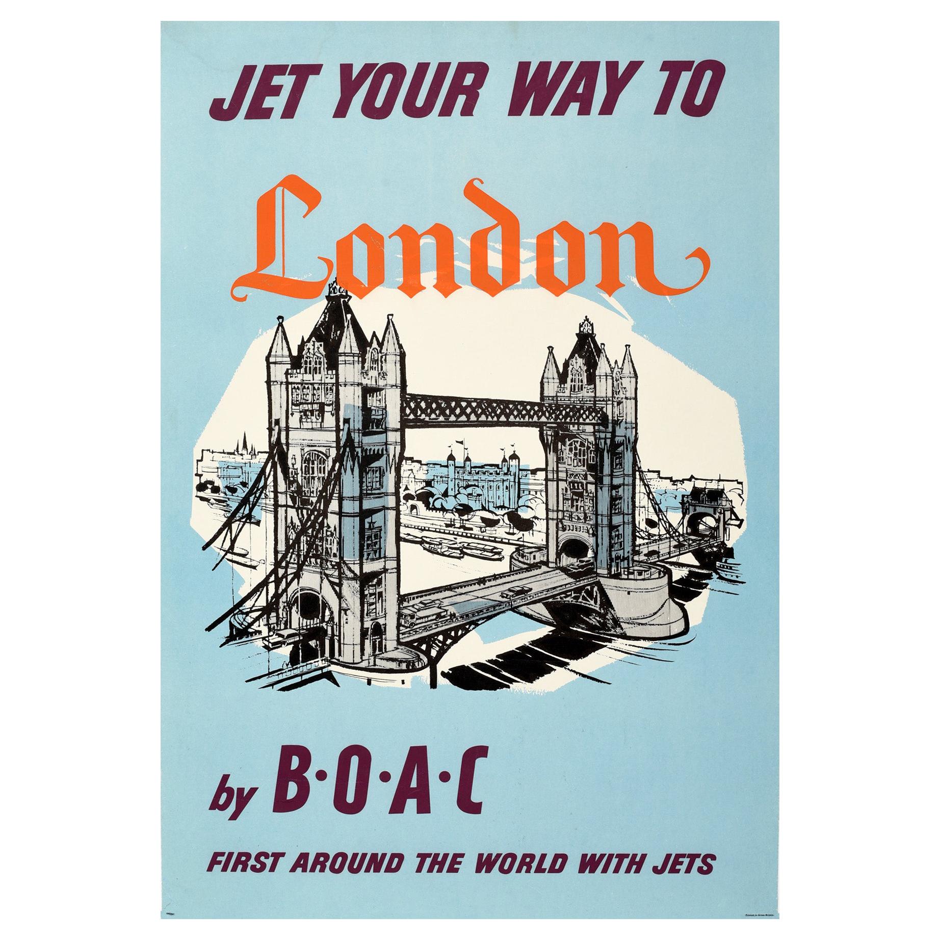 Original Vintage Travel Poster Jet Your Way To London BOAC Tower Bridge Thames