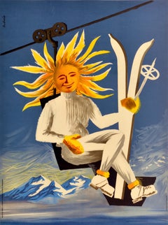 Poster di viaggio originale d'epoca Unisciti al sole su una pista da sci in Francia A. Dubois