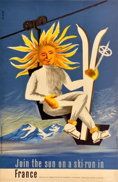 Poster di viaggio originale d'epoca Unisciti al sole su una pista da sci in Francia A. Dubois