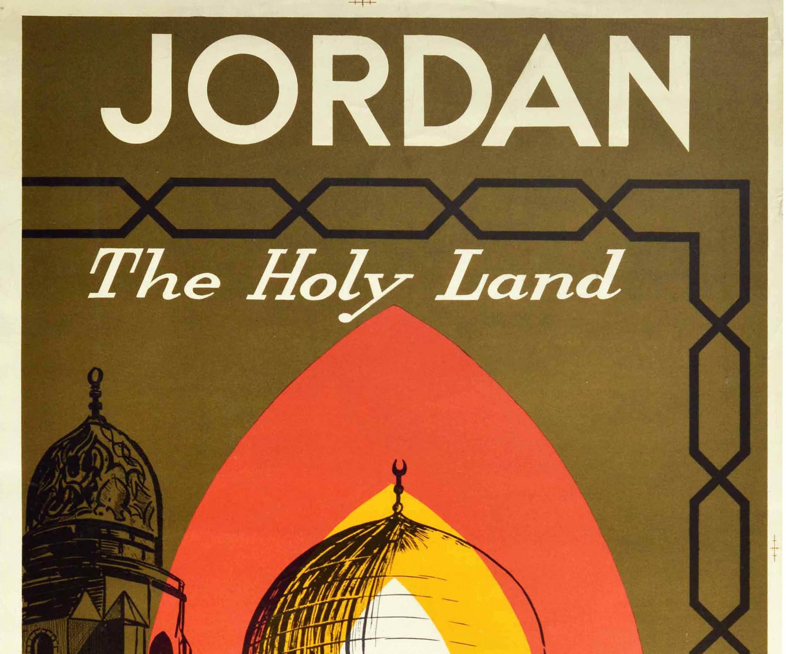 Original vintage travel poster for Jordan The Holy Land issued by the Jordan Tourism Authority featuring an illustration of one of the three holiest sites in Islam - the historic Al-Aqsa Mosque / the Farthest Mosque (established in 705) - located in