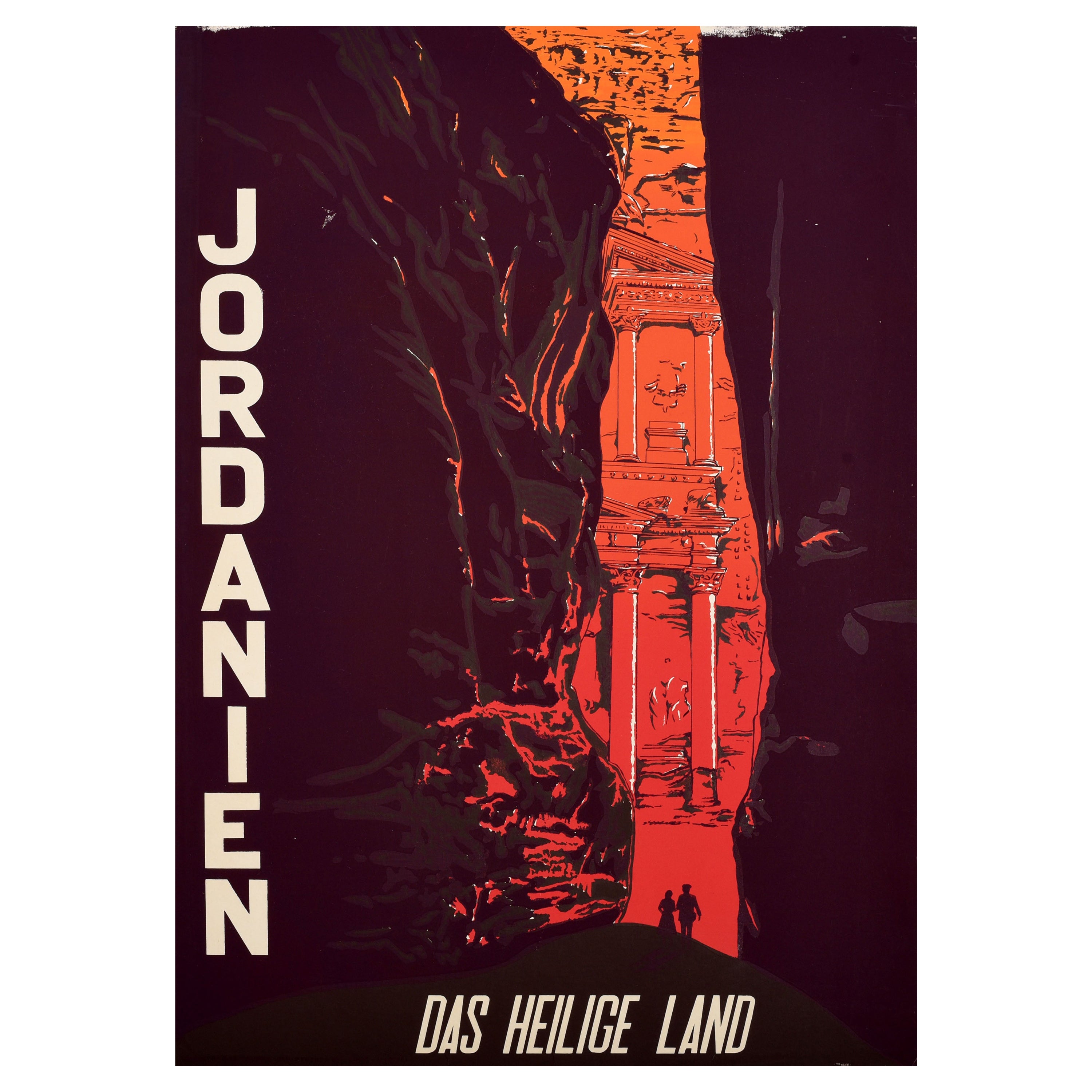 Affiche rétro originale de voyage Jordanien La Terre Sainte Petra, ancienne ville de Petra