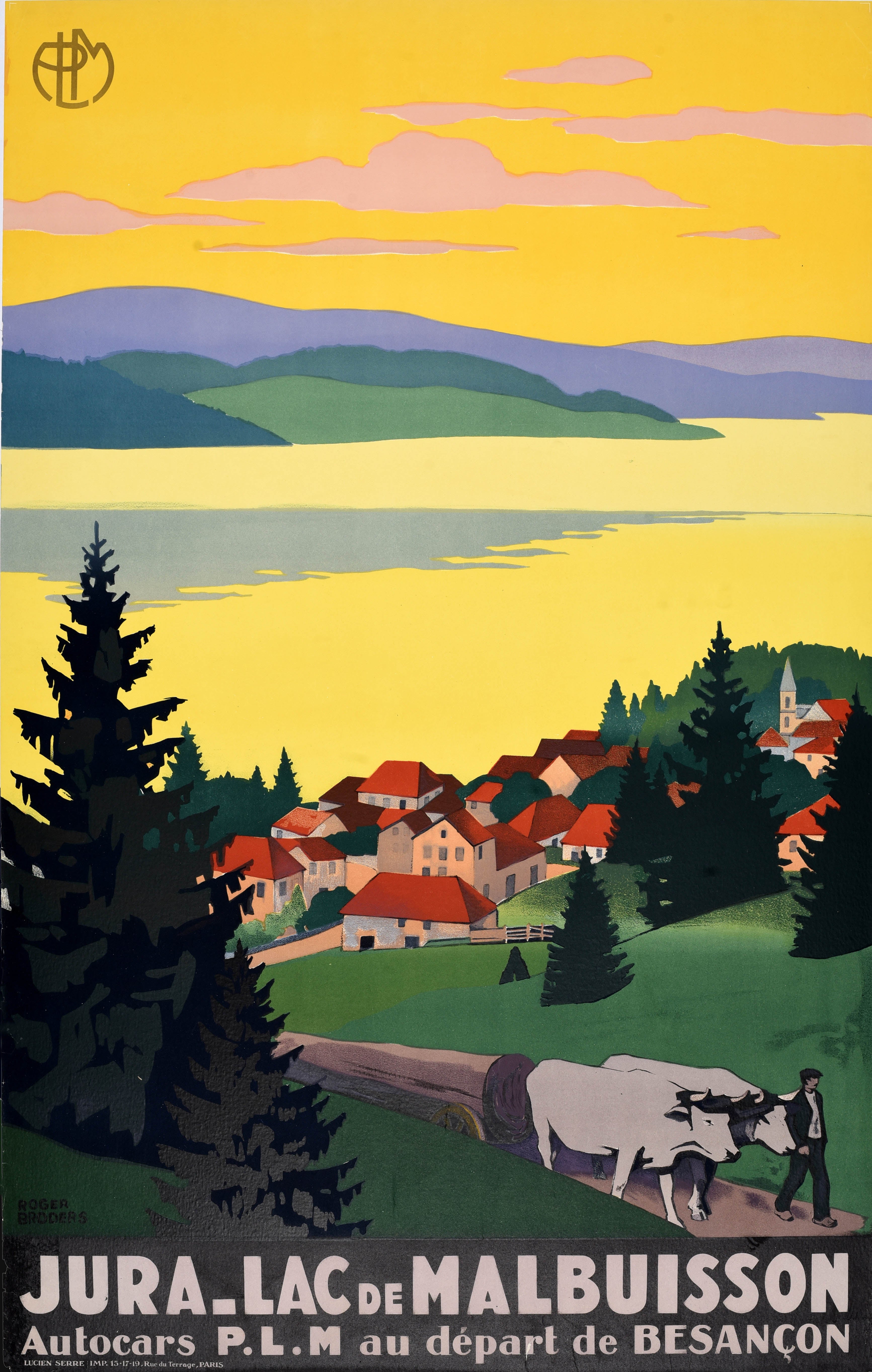 Cartel de viaje vintage original: Jura, lago de Malbuisson, Roger Broders, PLM, Art Déco
