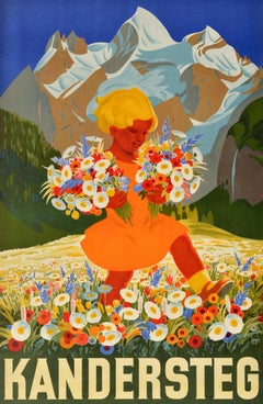 Poster di viaggio originale d'epoca Kandersteg Svizzera Carl Moos Alpine Resort