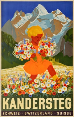 Poster di viaggio originale d'epoca Kandersteg Svizzera Carl Moos Alpine Resort