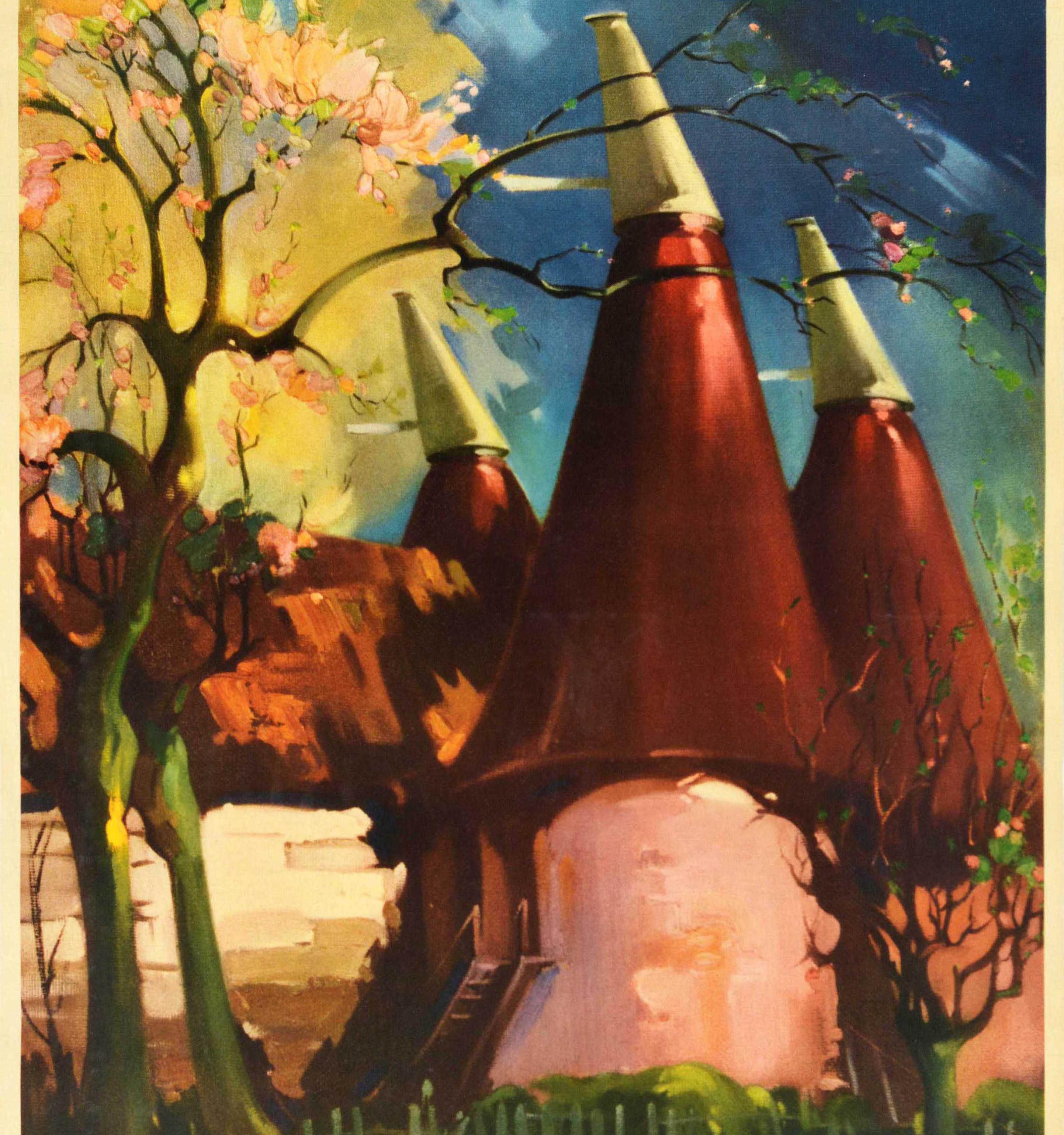 Original vintage travel poster for Kent served by British Railways featuring a colourful illustration by the notable painter and poster artist Claude Buckle (1905-1973) of traditional oast houses and flowering trees in spring bloom with the title in