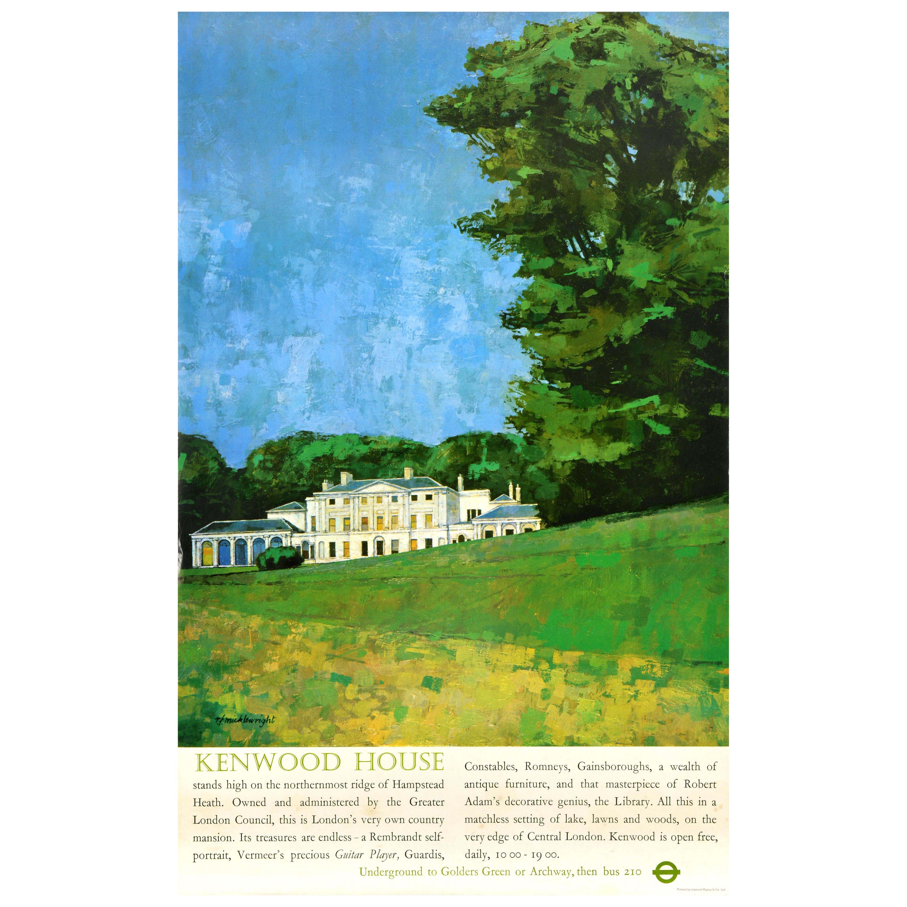 Poster di viaggio originale d'epoca Kenwood House Londra Trasporti Passeggiate in campagna Regno Unito