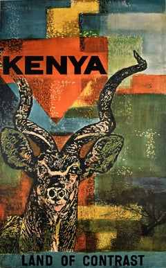 Poster di viaggio originale d'epoca Kenya Terra di contrasti Africa Greater Kudu