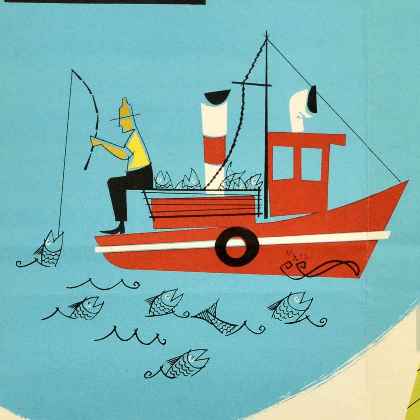 Original Vintage-Reiseplakat für Canada servizi plurissetimanali / multiple weekly services with KLM Royal Dutch Airlines mit einem farbenfrohen Design, das einen Fischer zeigt, der vom Rand eines rot-weißen Bootes unter einer Brücke fischt, mit
