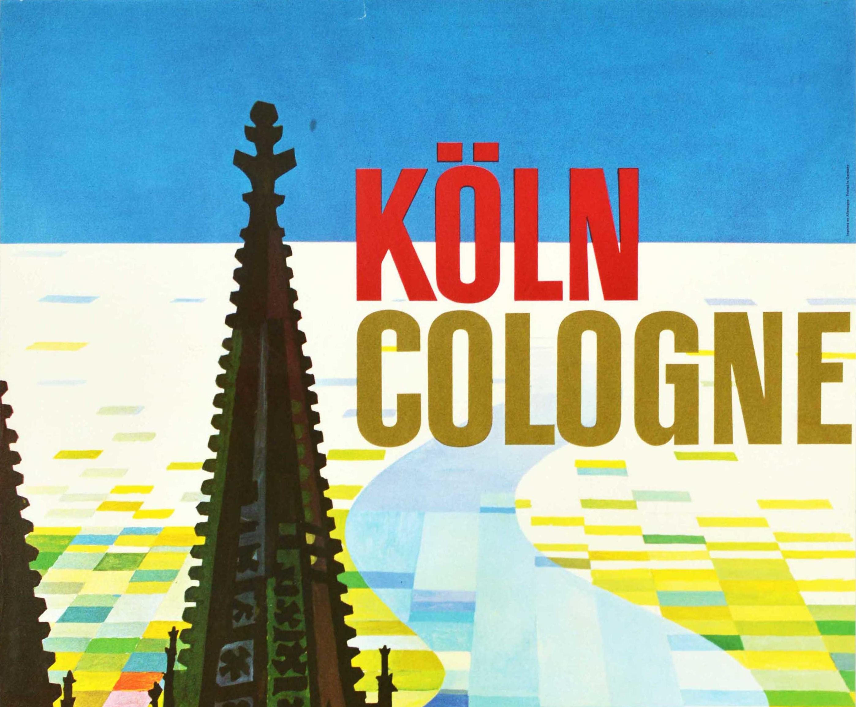 Original vintage travel poster for Koln / Cologne featuring a stunning mid-century illustration by the German artist Werner Labbe (1909-1989) depicting the Cathedral Church of Saint Peter towering over the colourful banks of the city with boats on