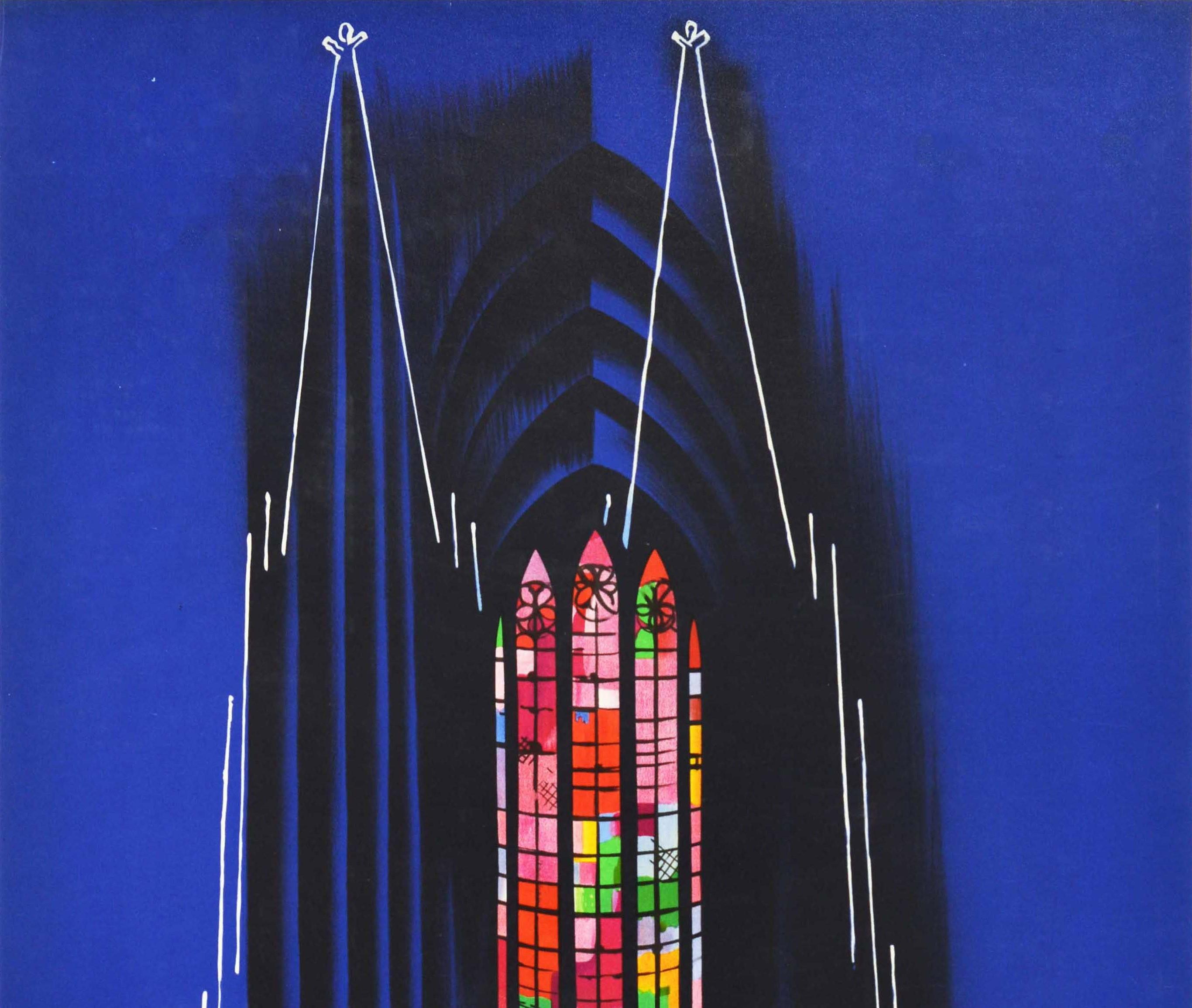 Original vintage travel poster for Koln / Cologne featuring stunning artwork by the German artist Werner Labbe (1909-1989) depicting colourful stained glass windows of the historic Cathedral Church of Saint Peter with the arches and outline set over