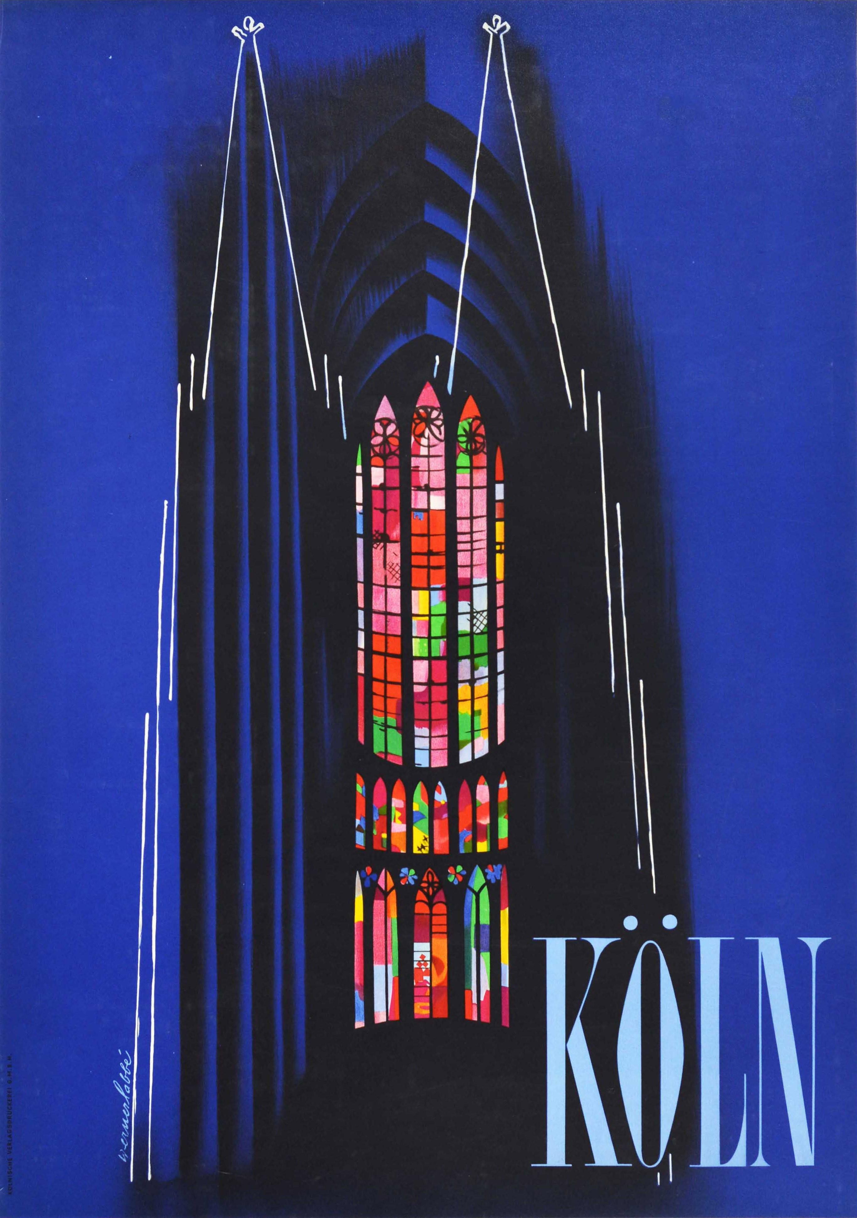 Mid-20th Century Original Vintage Travel Poster Koln Germany Cologne Cathedral Stained Glass Art