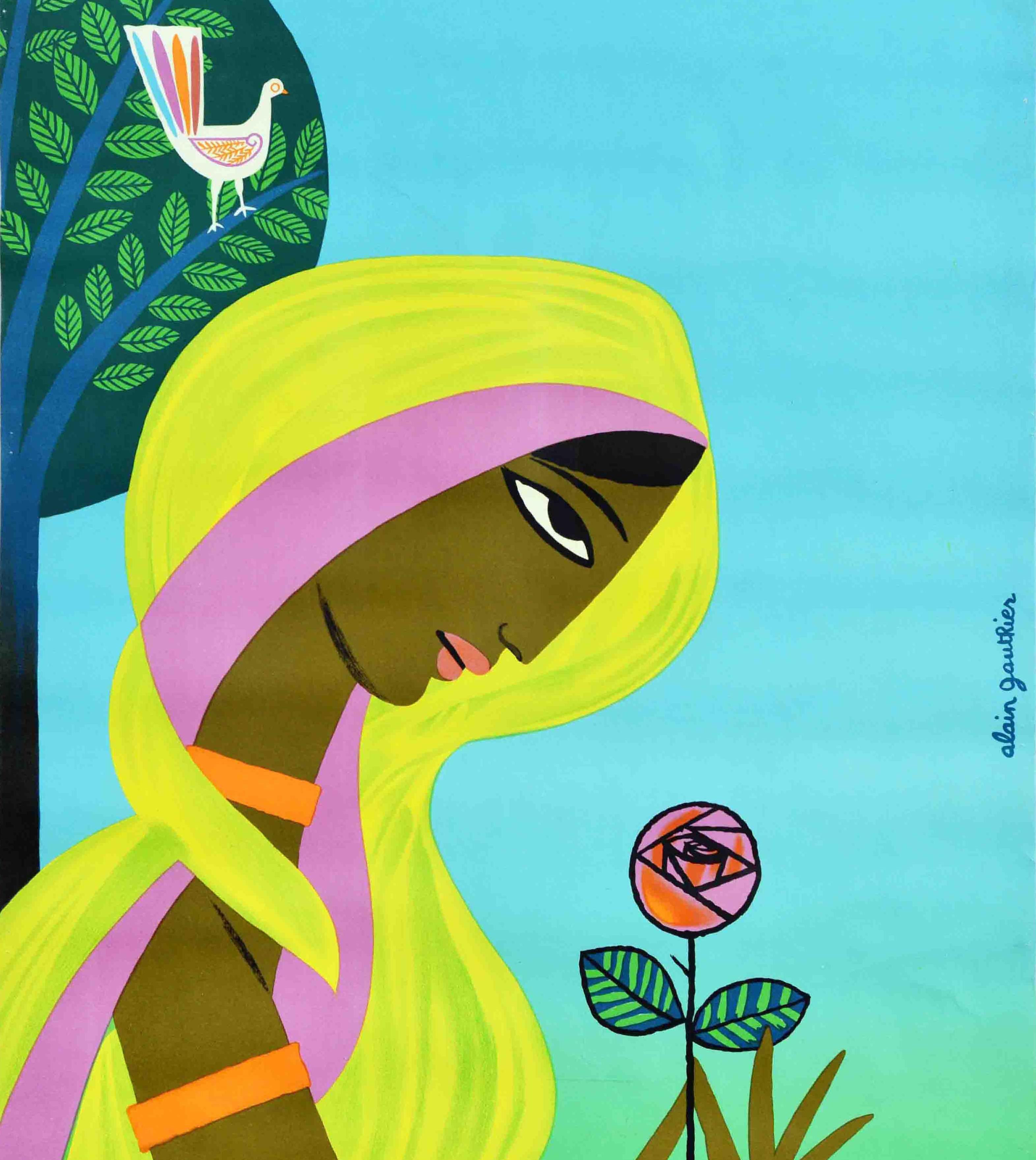 Original vintage travel poster - Kuwait Airways Pakistan - featuring a colourful design by Alan Gauthier (b 1939) of a lady in a headscarf holding a rose flower in front of a bird in a tree with the bold title text and airline logo above. Good