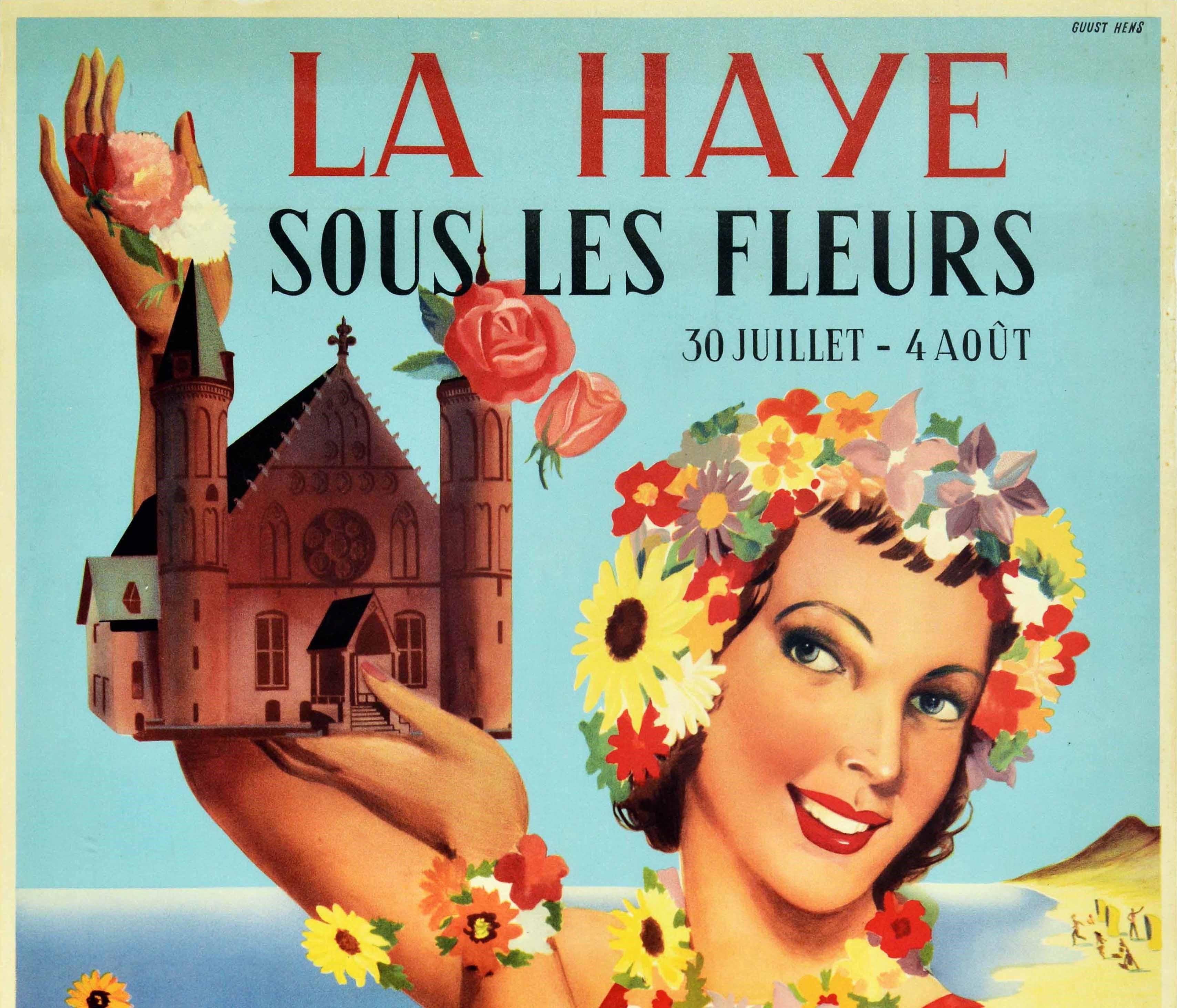 Original vintage travel poster promoting La Haye sous les Fleurs flower festival held from 30 July to 4 August 1951 in the Hague Netherlands featuring a smiling lady holding up roses and the historic 13th century Ridderzaal hall adorned with flowers