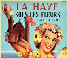 Original Vintage Travel Poster La Haye Sous Les Fleurs Hague Flower Festival Sea
