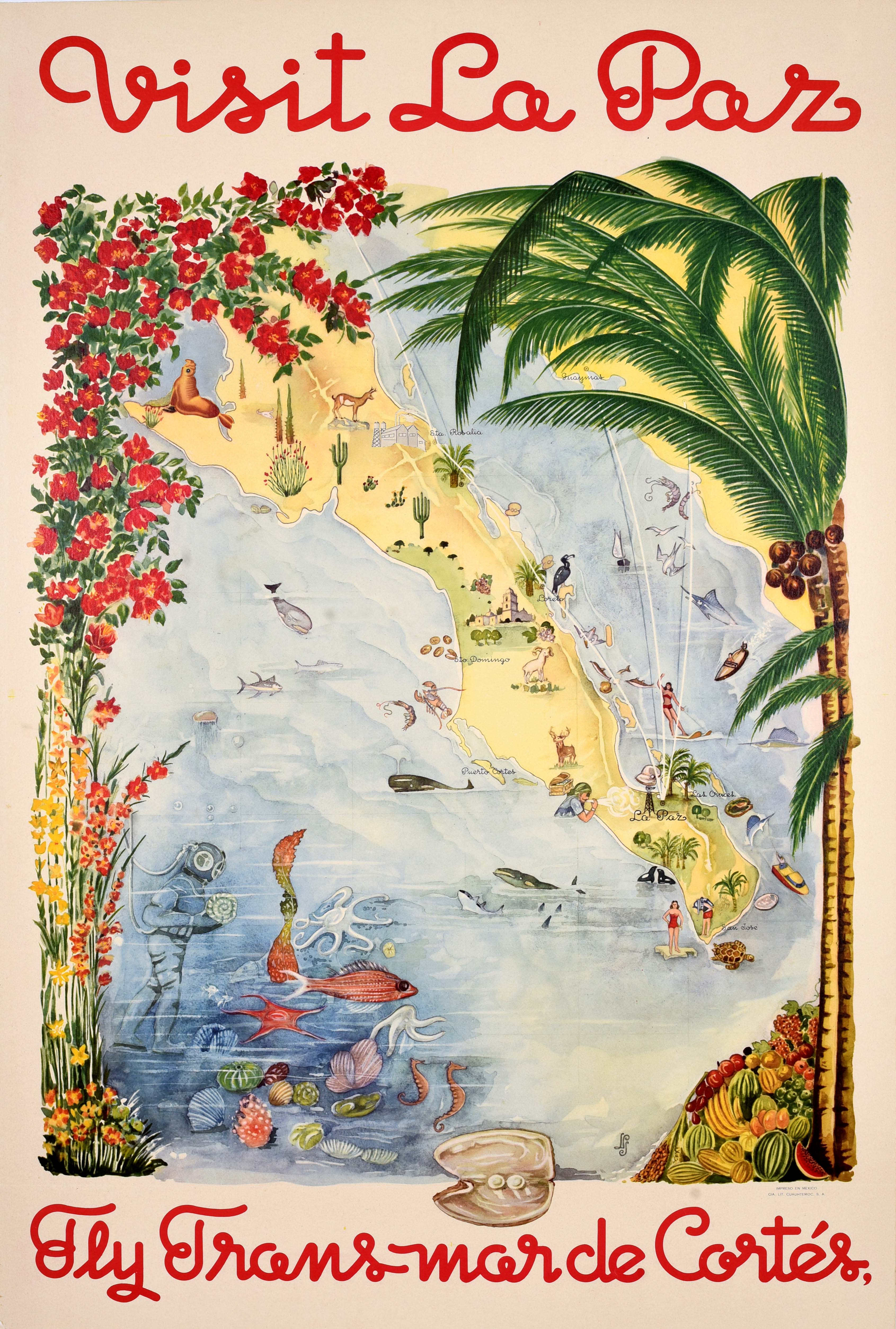 Original Vintage Travel Poster La Paz Trans Mar De Cortes Airline Mexico Baja
