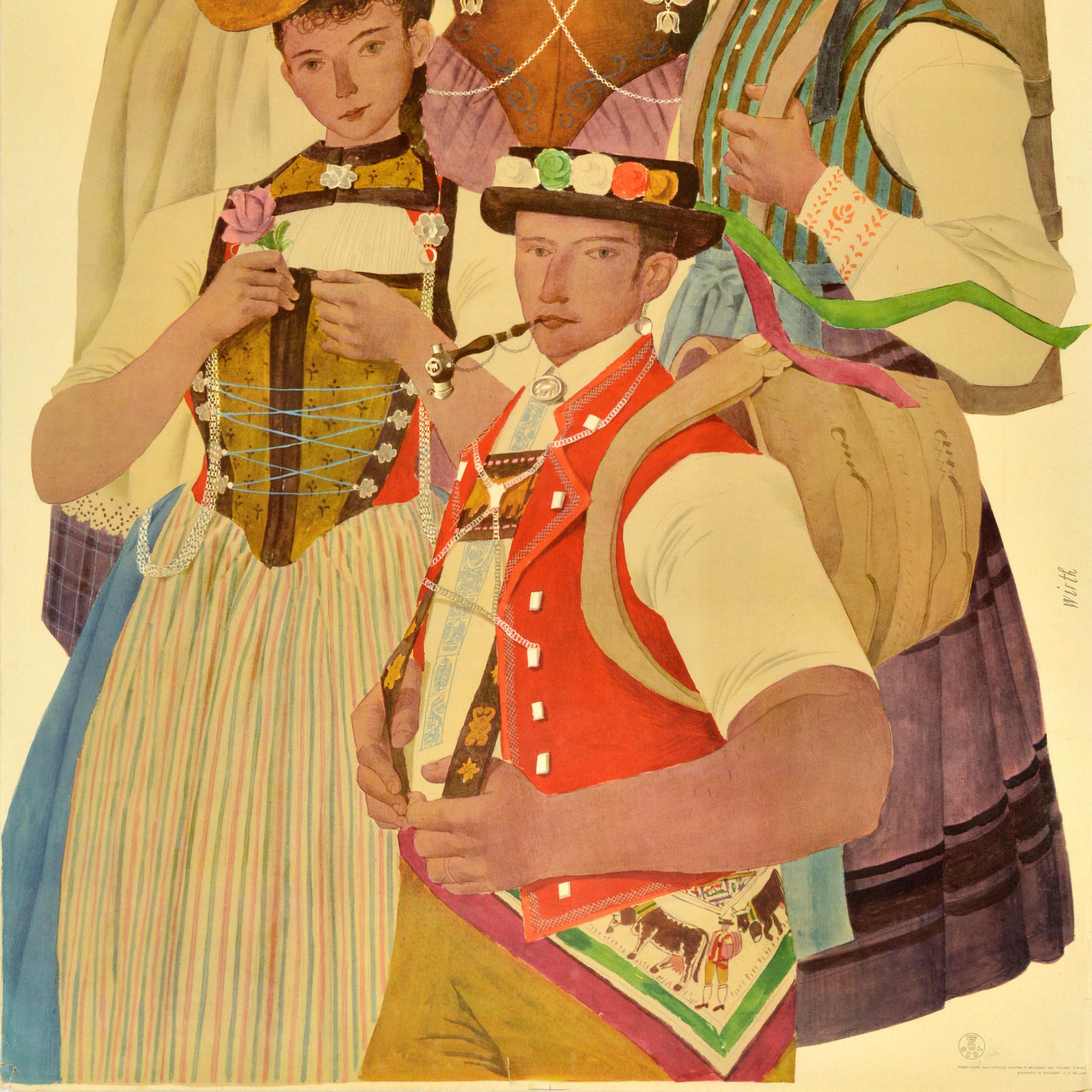 Original Vintage Travel Poster La Suisse Schweiz Kleidung Kurt Wirth (Schweizerisch) im Angebot