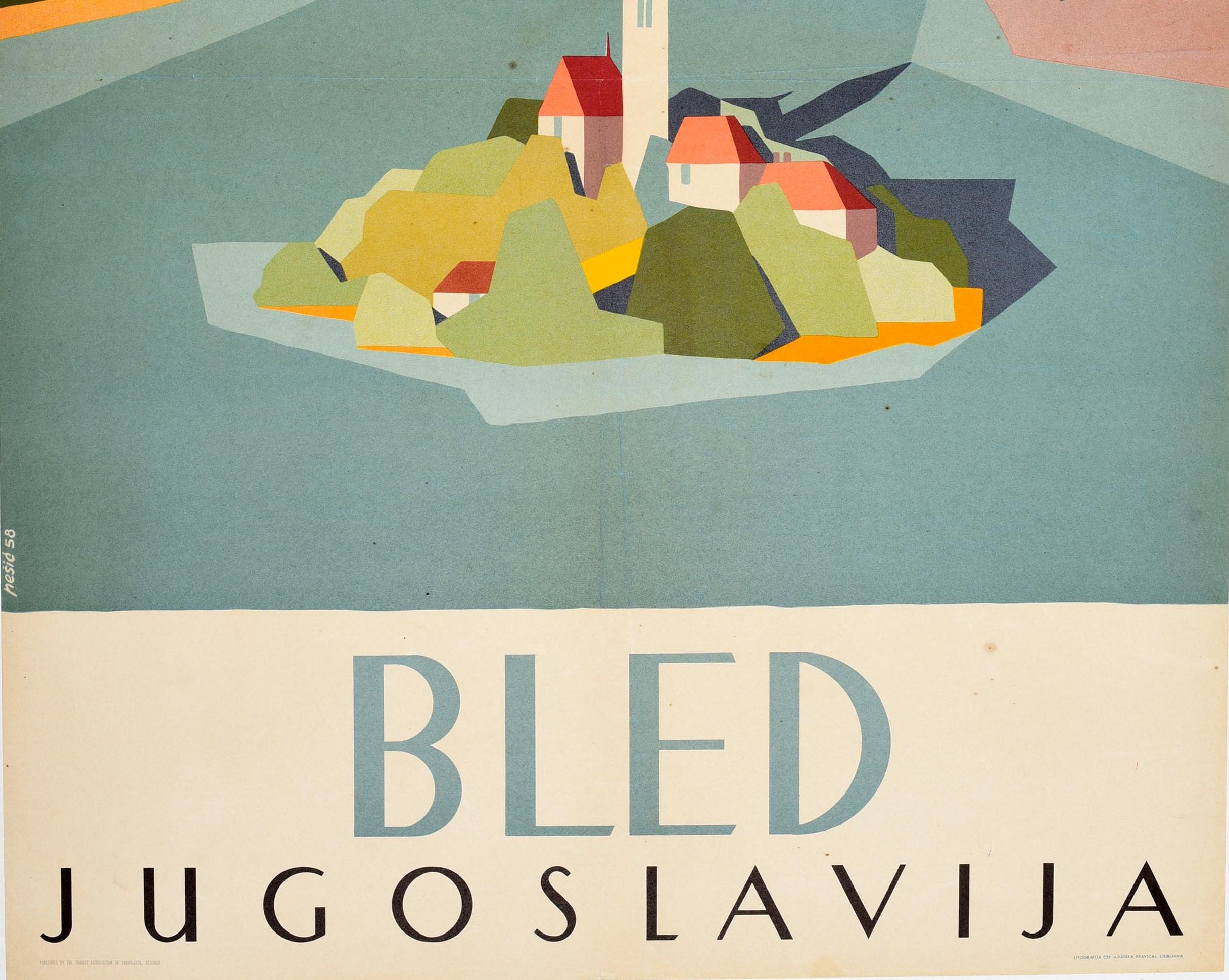 Slovenian Original Vintage Travel Poster Lake Bled Island Yugoslavia Mountains Midcentury