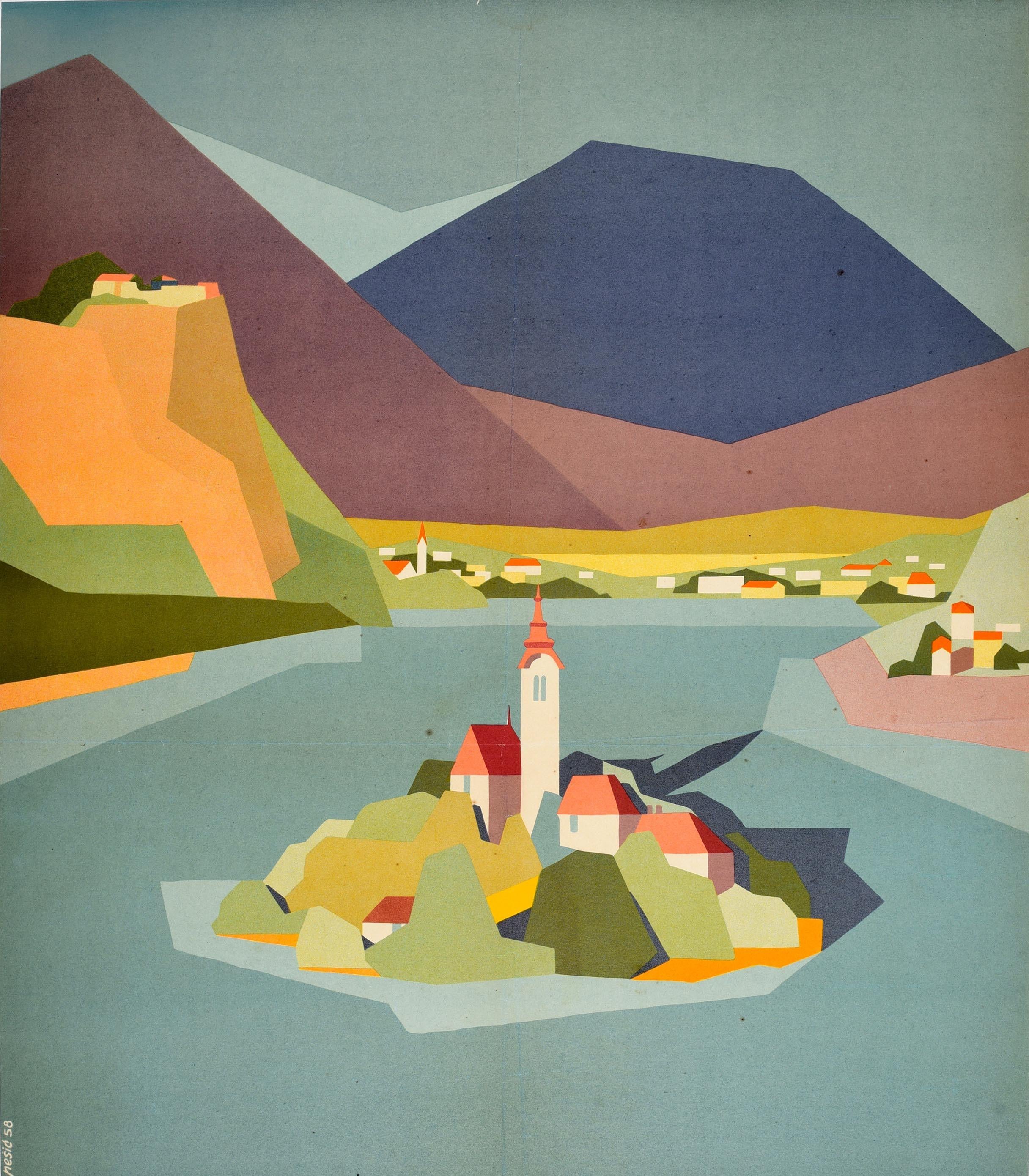Original Vintage Travel Poster Lake Bled Island Yugoslavia Mountains Midcentury In Good Condition In London, GB