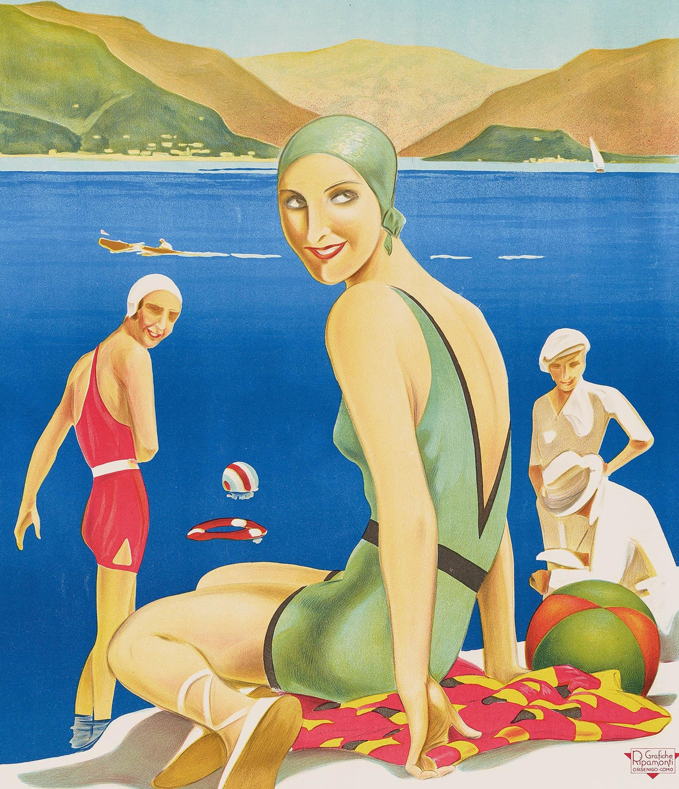 Affiche de voyage vintage originale pour le Lac de Como / Comersee Italien, représentant une superbe scène Art Deco avec au premier plan des personnes portant des vêtements d'été à la mode et d'élégants maillots de bain, une dame assise sur une