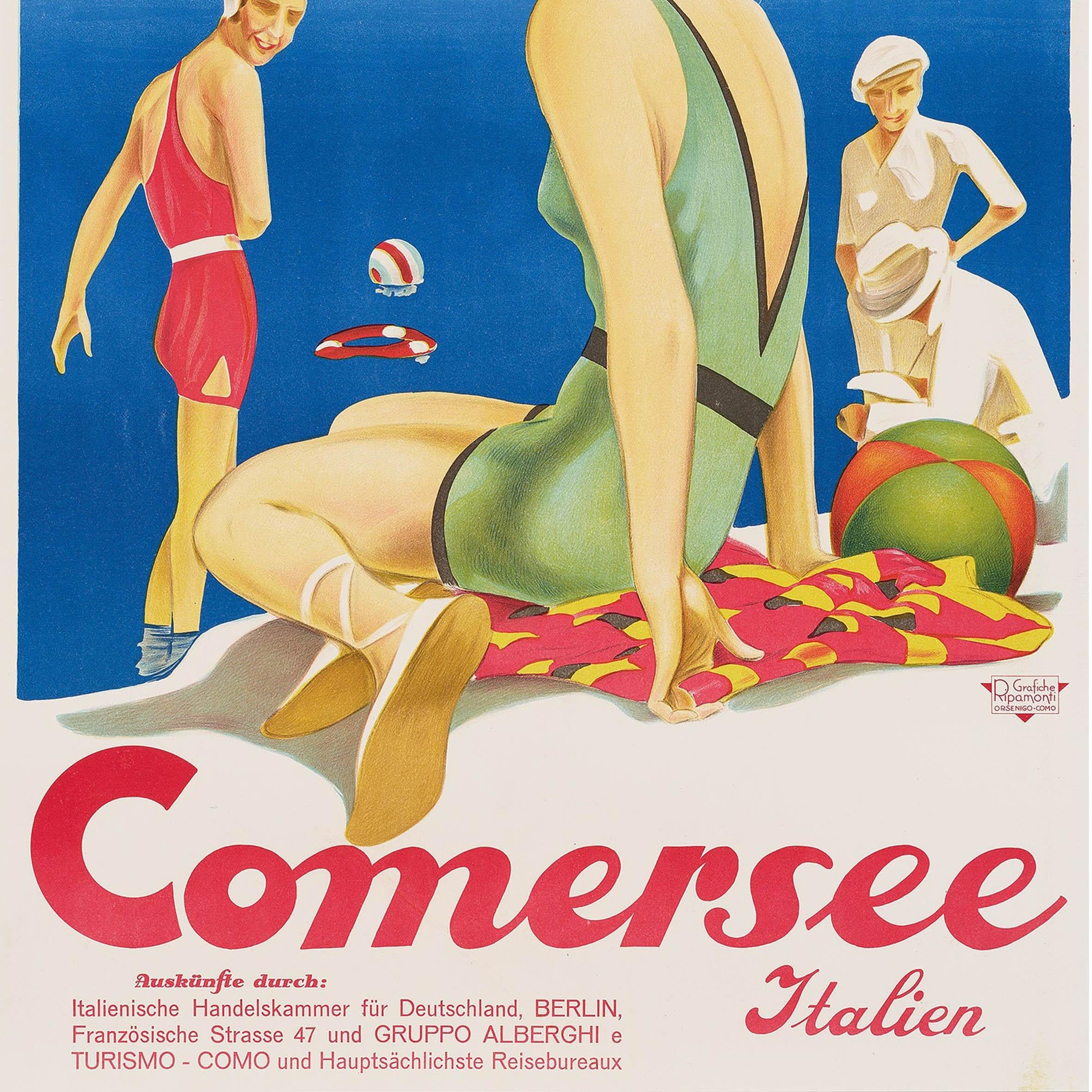 italien Original Vintage Travel Poster Lake Como Art Deco Bathers Comersee Italy Italien en vente