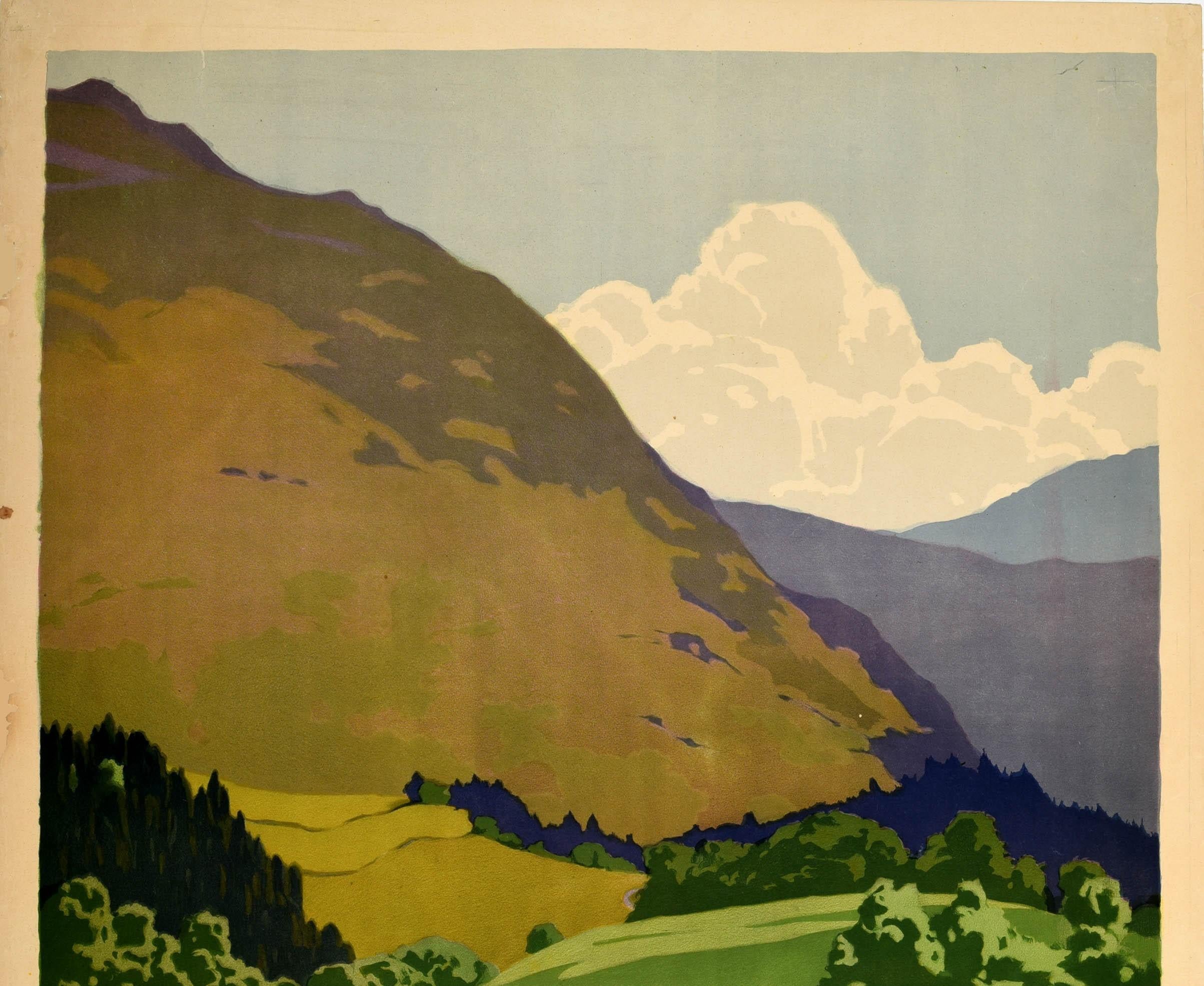 Original vintage LMS London Midland and Scottish Railway travel poster - The Lake District For Holidays - featuring a scenic view of Grasmere by the notable British artist and illustrator Norman Wilkinson (1878-1971) of people in a rowing boat on a