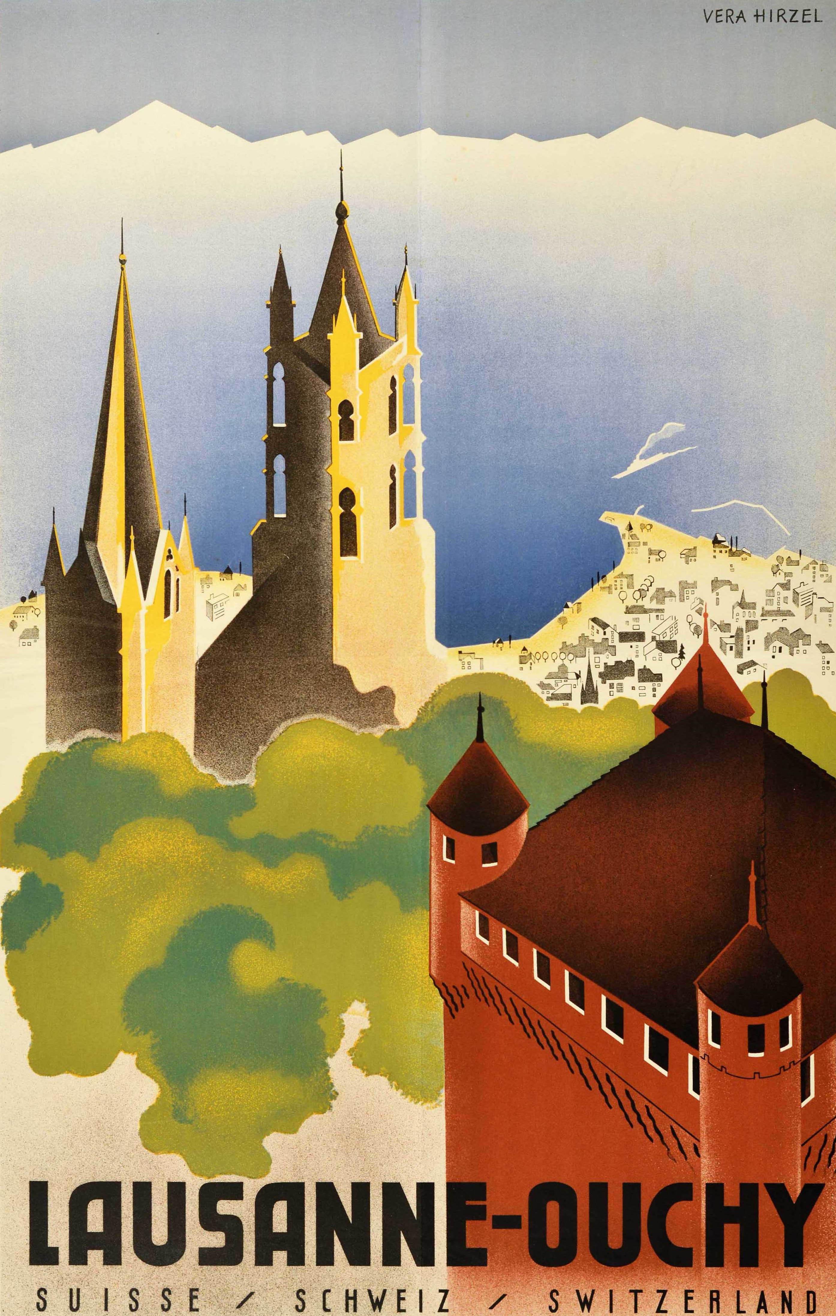 Original vintage travel poster for Lausanne-Ouchy Suisse Schweiz Switzerland featuring a stunning Art Deco illustration depicting a scenic view over the historical Gothic spires of the Cathedral of Lausanne and the renovated Chateau d'Ouchy medieval