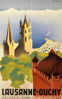 Original Vintage Travel Poster Lausanne Ouchy Switzerland Art Deco Vera Hirzel