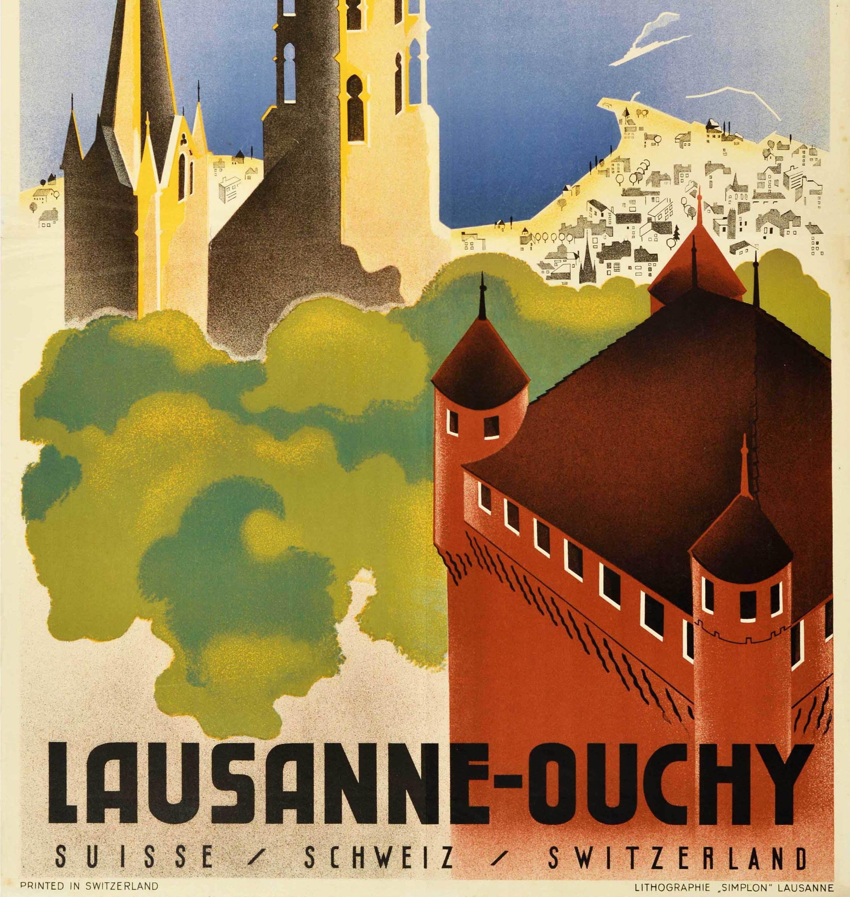 Swiss Original Vintage Travel Poster Lausanne Ouchy Switzerland Art Deco Vera Hirzel For Sale