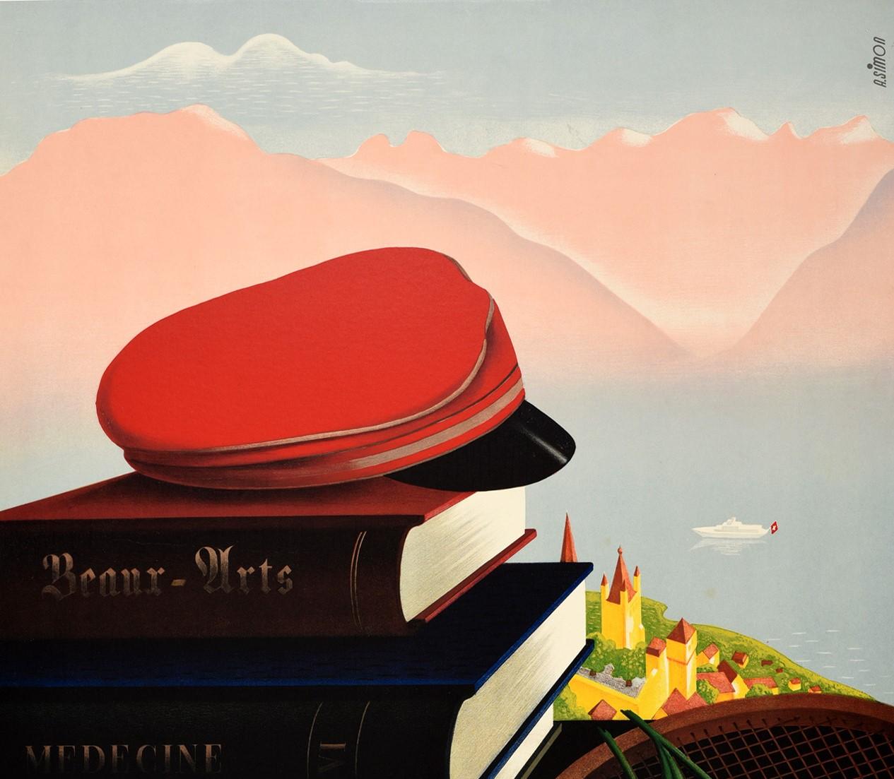 Original vintage poster advertising travel to the Cite de la Jeunesse Youth City of Lausanne Ouchy Switzerland featuring a pile of educational books entitled Beaux Arts, Medecine and Lettres under a CAP next to a wooden tennis racket with daisy