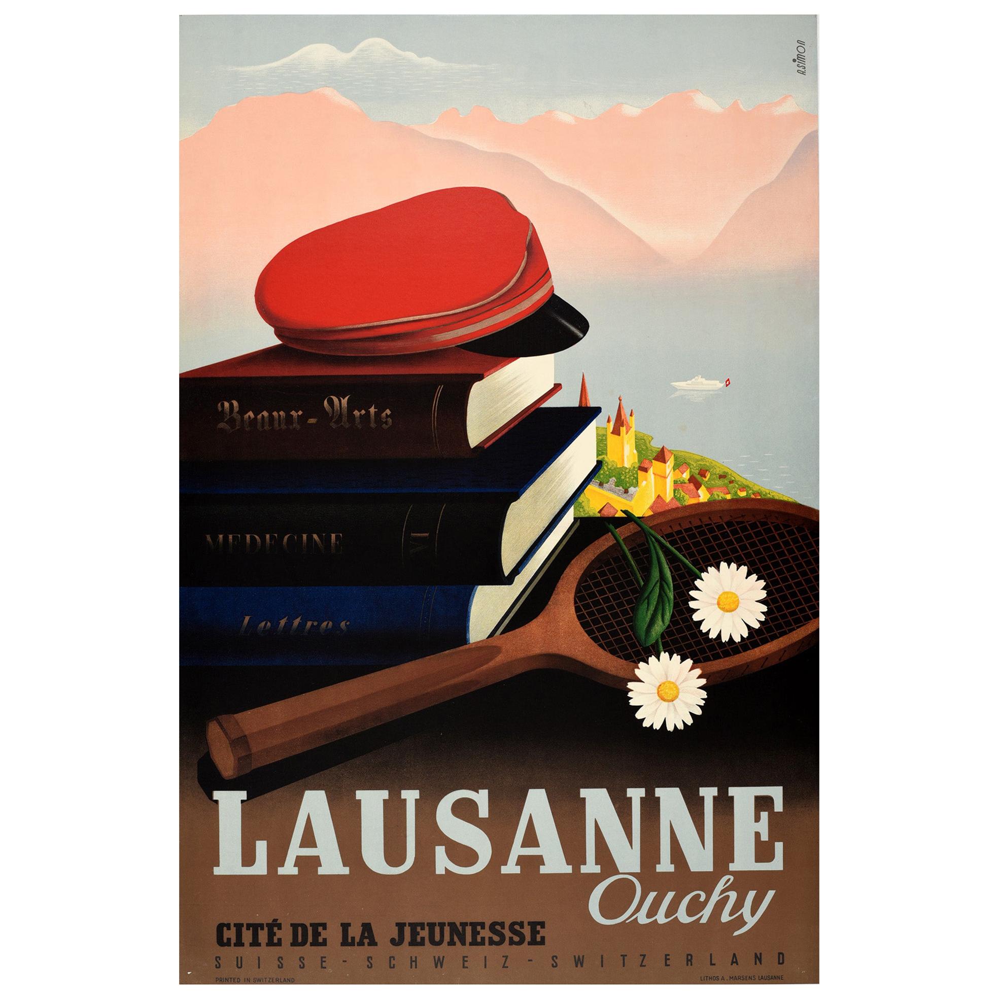 Original Vintage Travel Poster Lausanne Ouchy Switzerland Cite De La Jeunesse