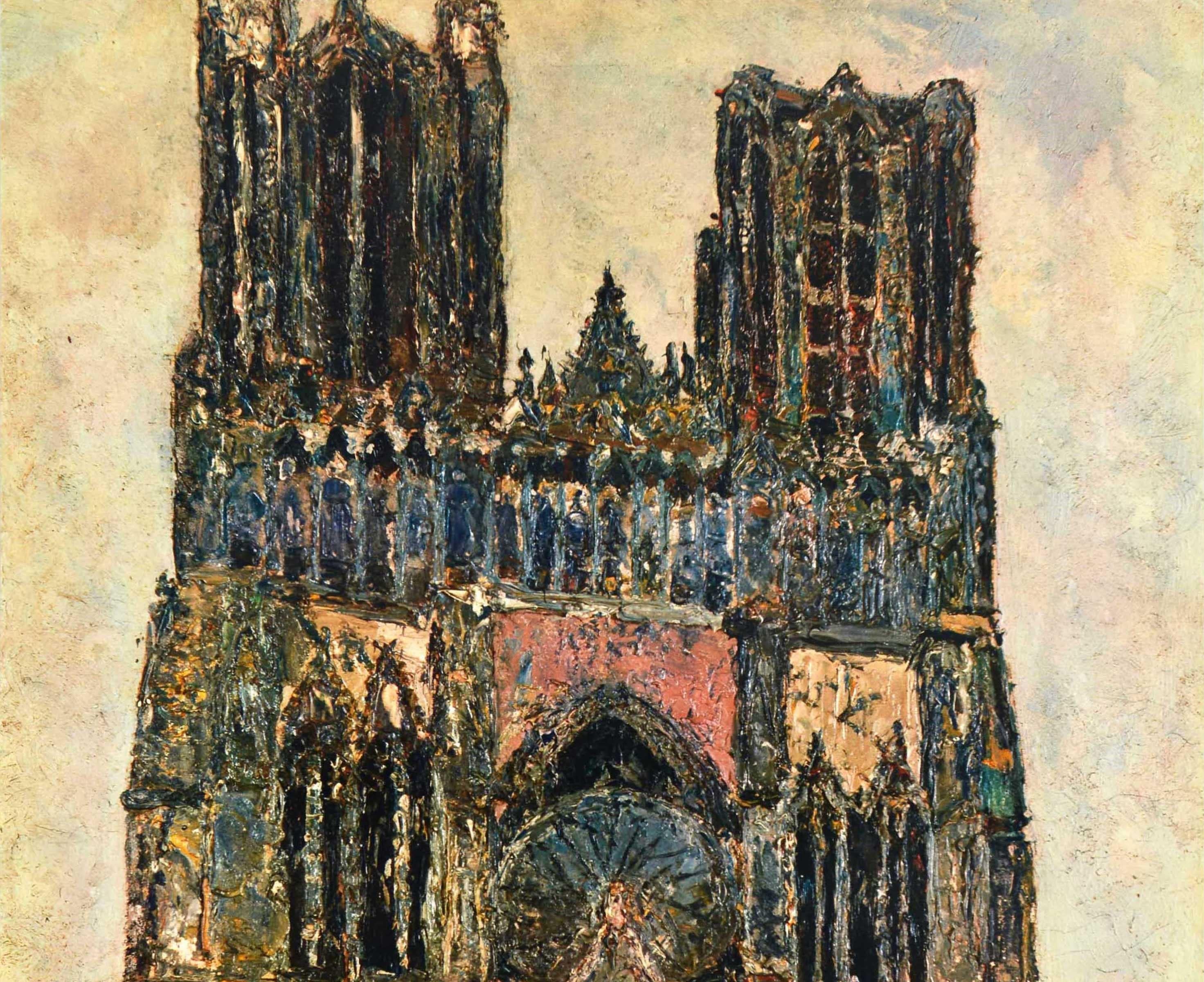 Original vintage travel poster for Reims featuring artwork by Maurice Utrillo (1883-1955) depicting The Cathedral of Reims / Le Cathedrale de Reims. Stunning painting of the historic Roman Catholic cathedral church showing people walking on the