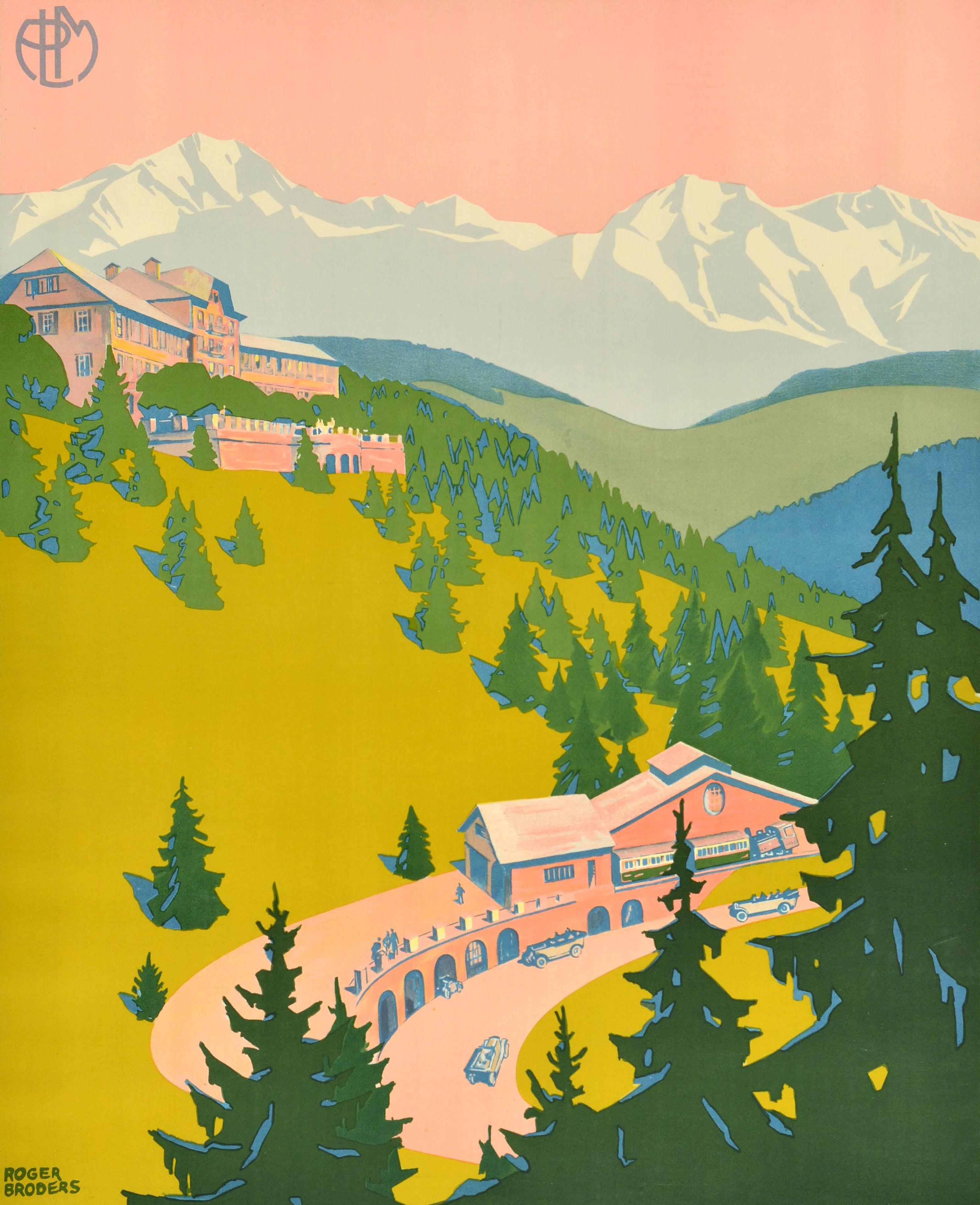 Original vintage travel poster for Le Mont Revard Grand Hotel PLM 1550m d'Altitude issued by the PLM Paris Lyon Mediterranee railway featuring a stunning design by the notable French artist Roger Broders (1883-1953) depicting classic cars in front
