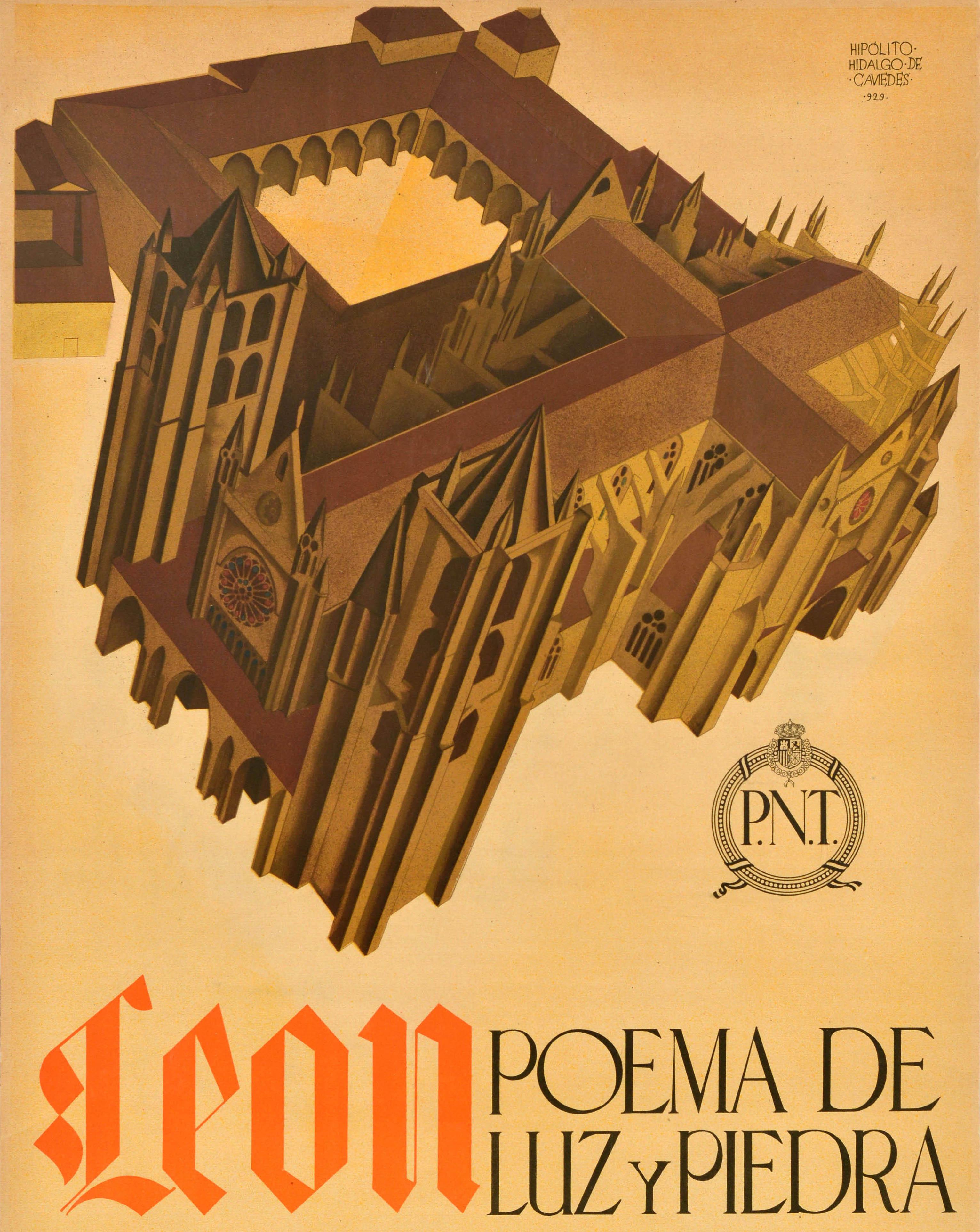 Original Vintage-Reiseplakat - Leon Poema de Luz y Piedra Tumba de Reyes / Gedicht des Lichts und steinernes Grab der Könige - zeigt ein Bild der gotischen Architektur und des Grundrisses der historischen Kathedrale von Leon aus dem 13. Jahrhundert