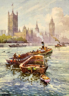 Original Vintage Travel Poster London Großbritannien Palast von Westminster Big Ben
