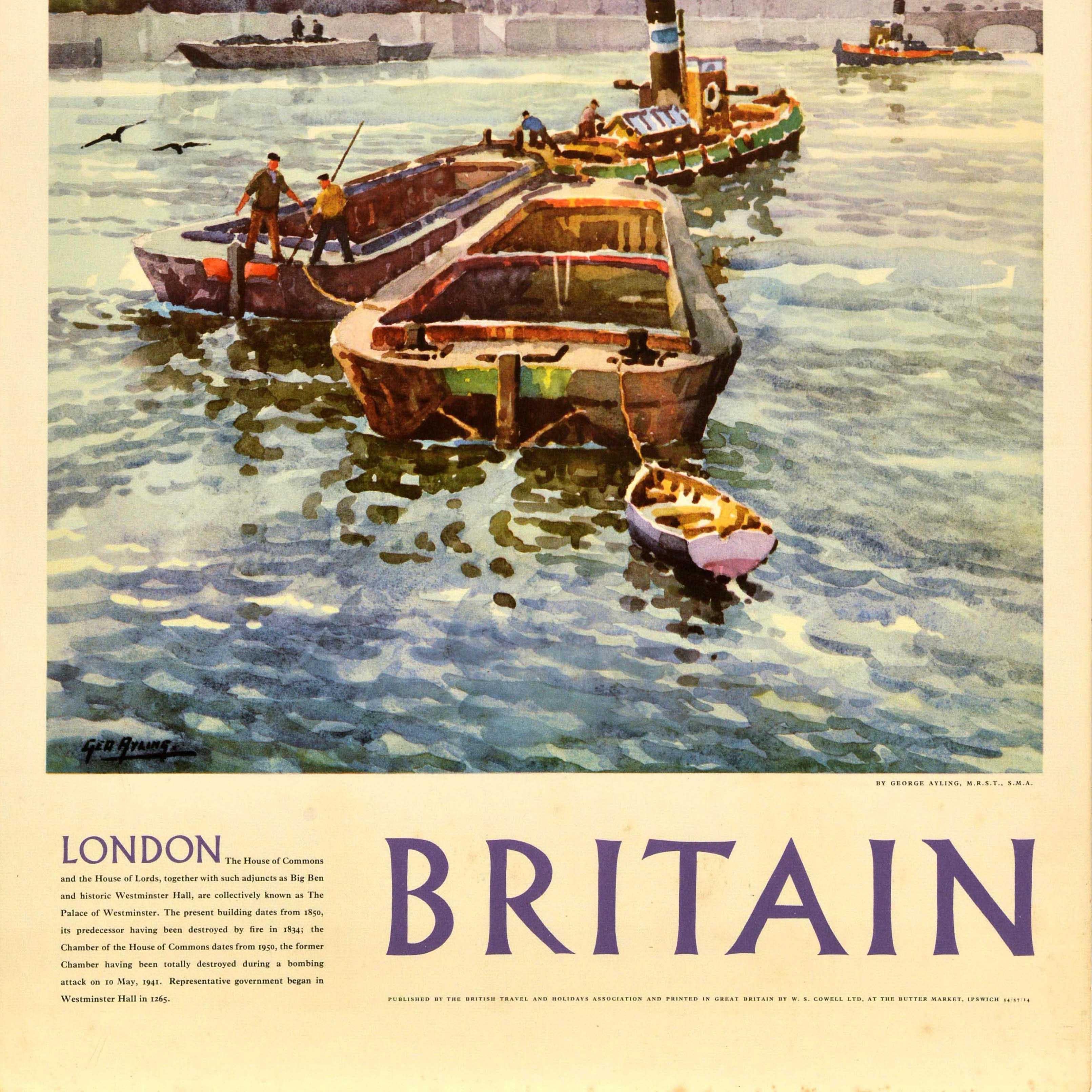 Original Vintage Travel Poster London Großbritannien Palast von Westminster Big Ben (Mitte des 20. Jahrhunderts) im Angebot
